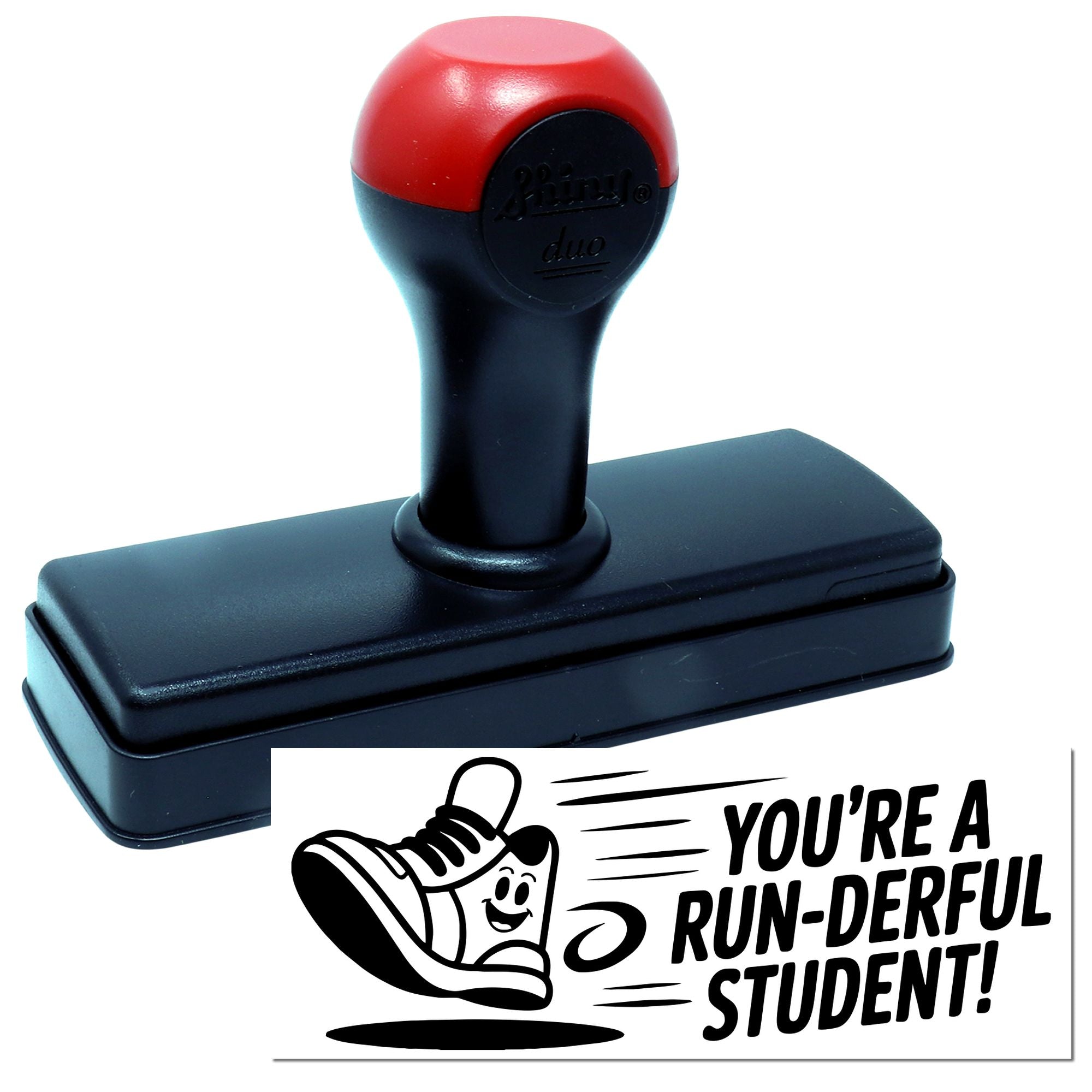 Self-inking rubber stamp with Youre a run-derful student! running shoe design for classroom reward use.