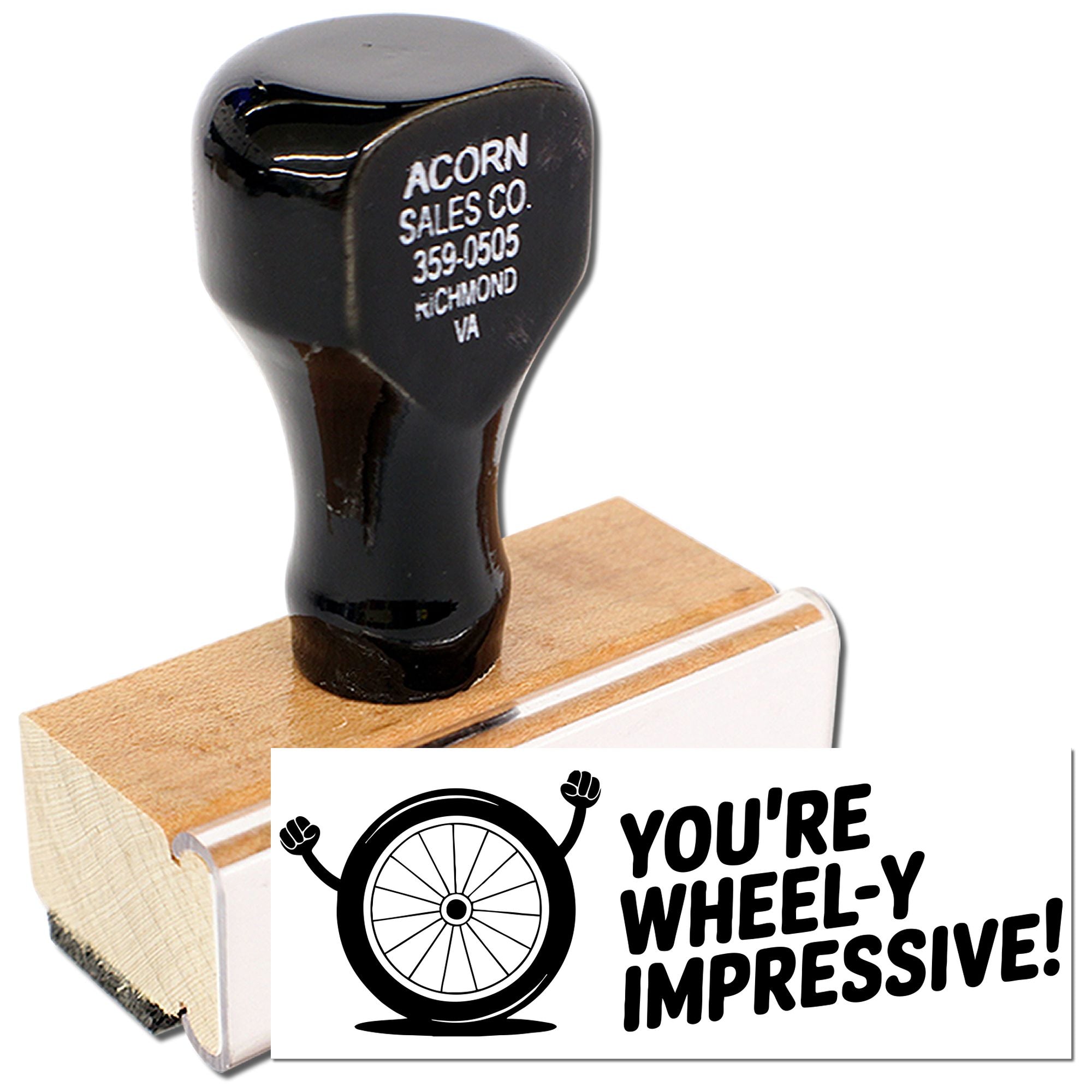 Custom wooden rubber stamp with wheel graphic and "You're wheel-y impressive!" imprint for personalized business marketing.