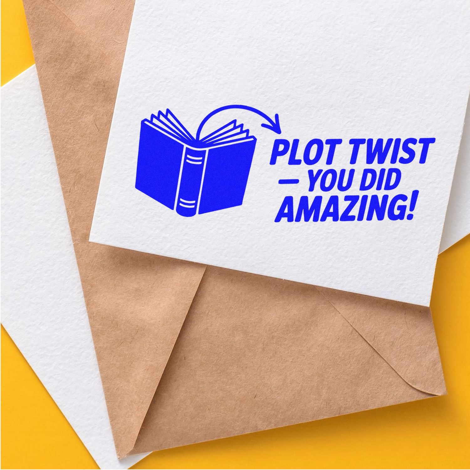 Book-themed rubber stamp reading Plot twistyou did amazing! for journals, planners, and motivational stationery.