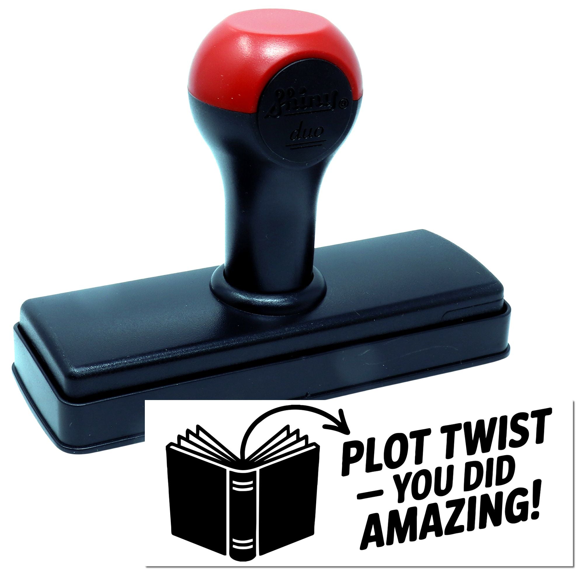 Self-inking rubber stamp with book icon and Plot Twist You Did Amazing! impression for teacher or reading rewards.