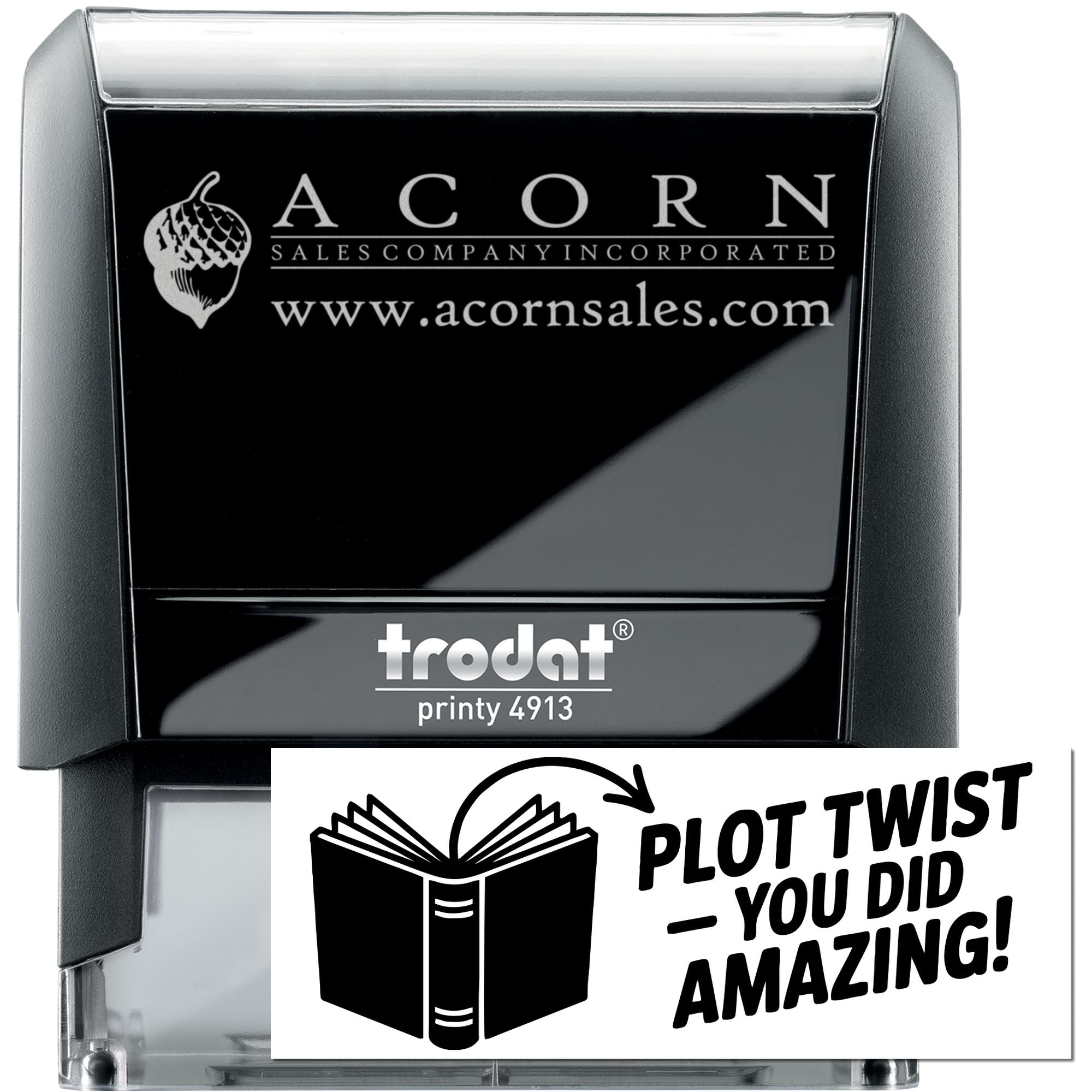 Trodat Printy 4913 self-inking rubber stamp with Acorn Sales Company logo and website for custom business branding.