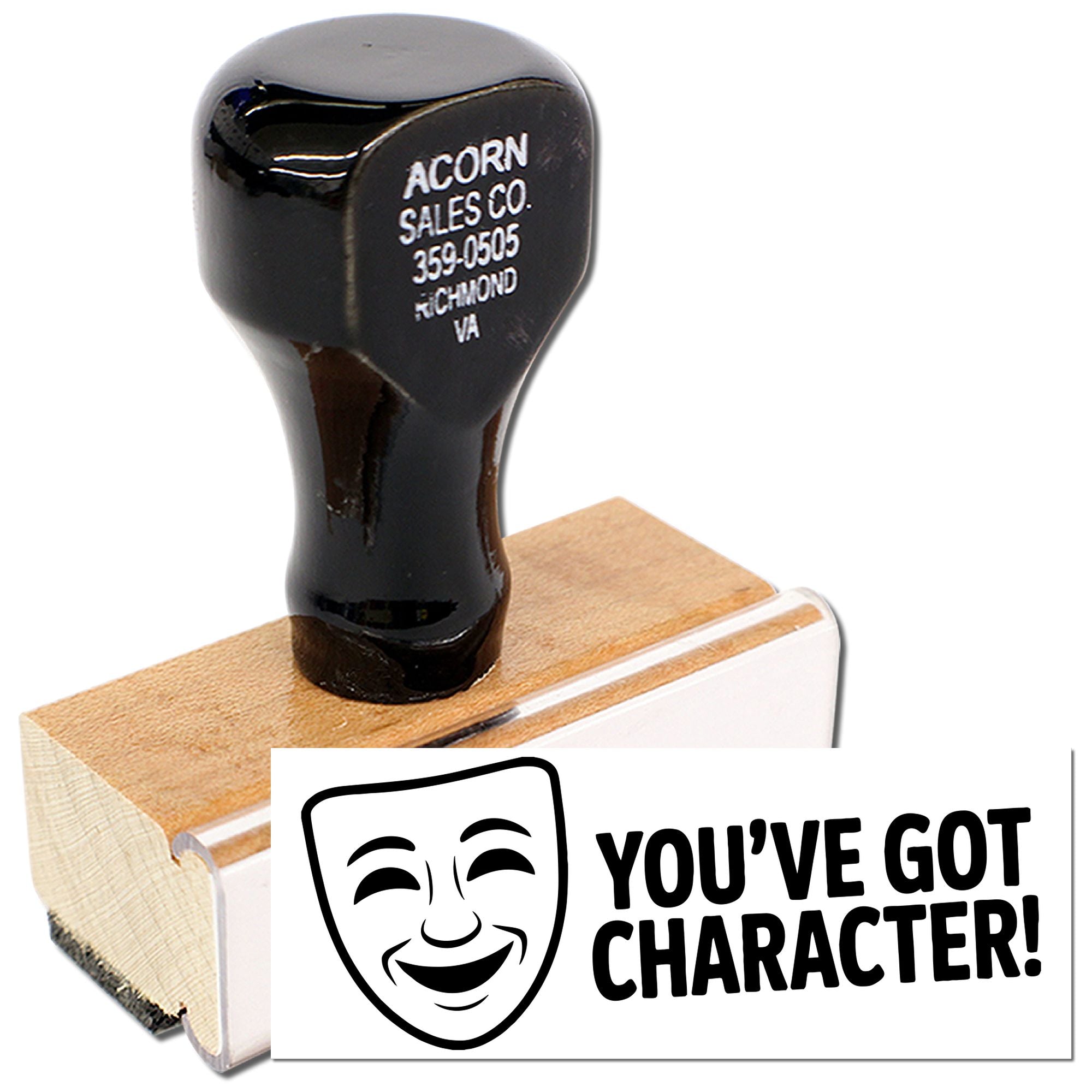Custom wood handle rubber stamp with sample impression, ideal for business branding and personalized stamping.