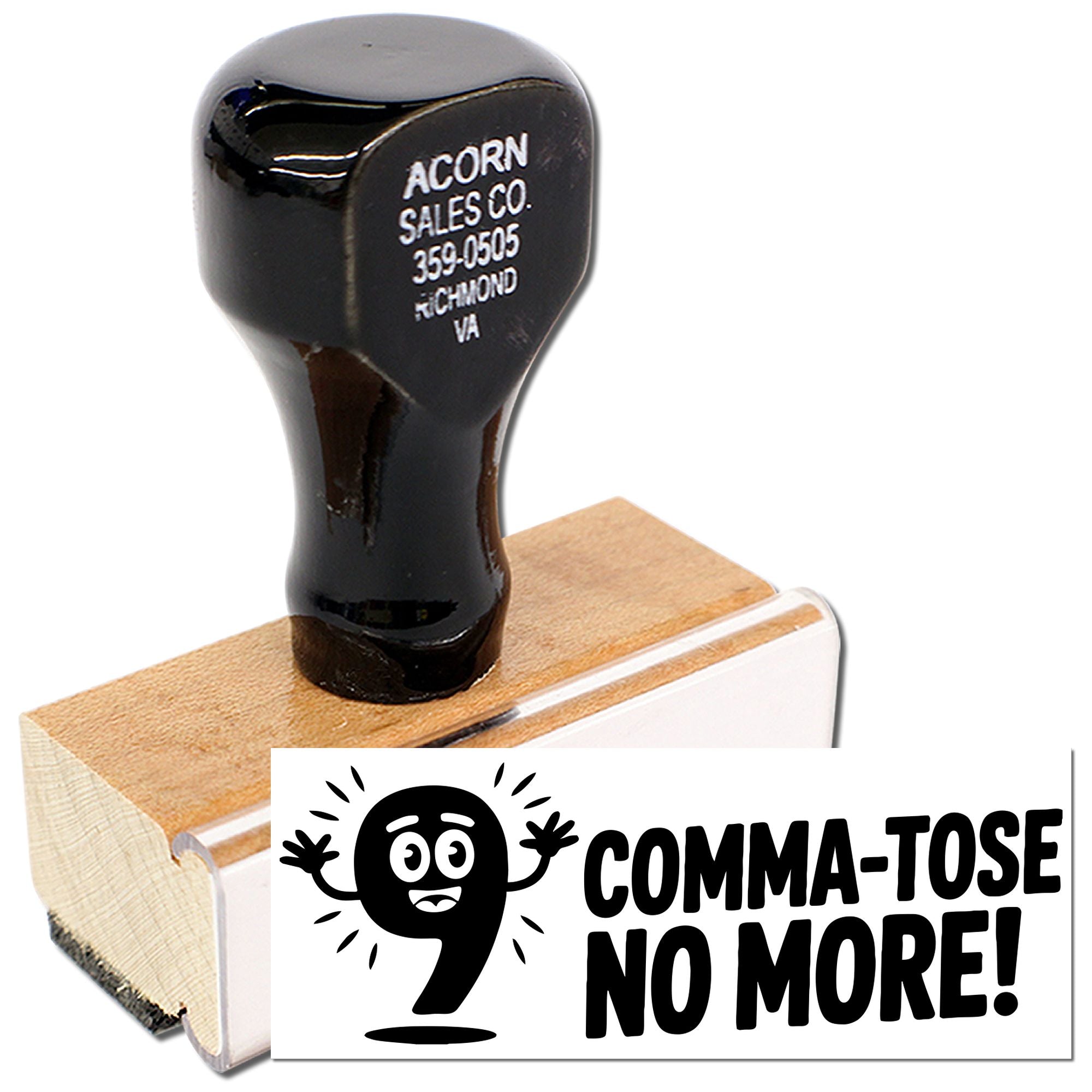 Custom rubber stamp for classrooms with Comma-tose No More! punctuation design and number 9 graphic.