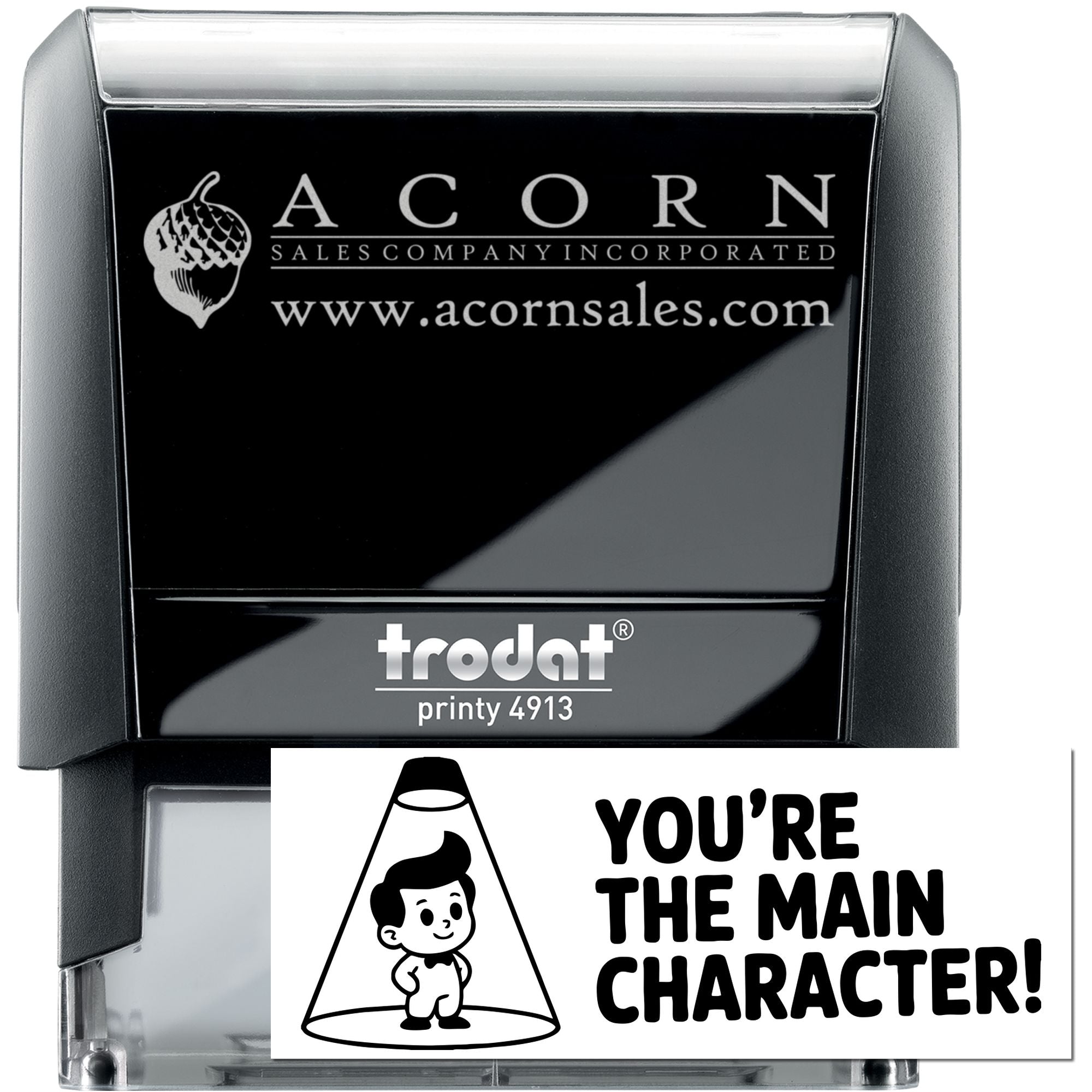 Custom self-inking rubber stamp, Trodat Printy 4913, with Acorn Sales logo and website for branded business use.