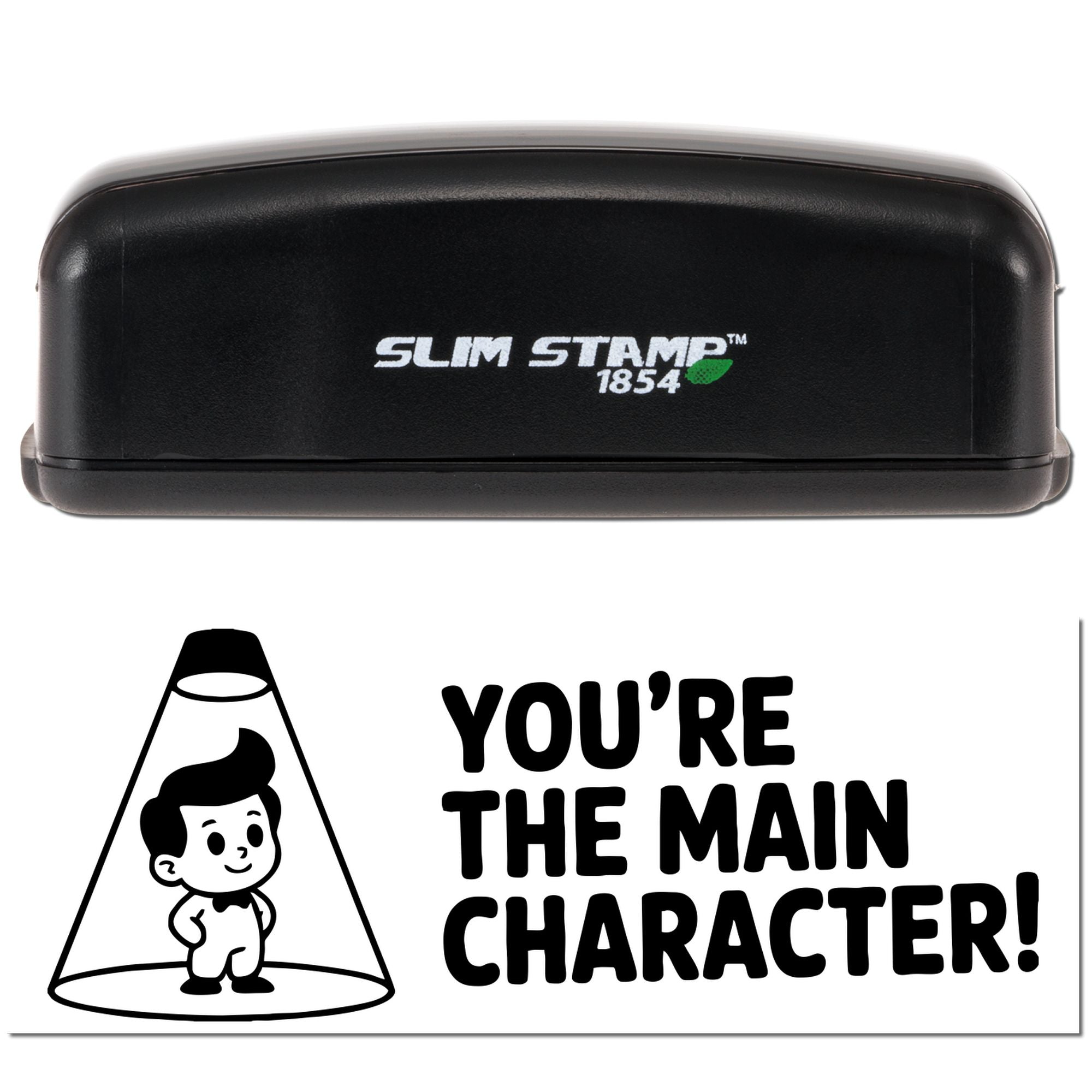 Self-inking rubber stamp with 'You're the main character!' design and spotlight cartoon for personalized motivational messages.