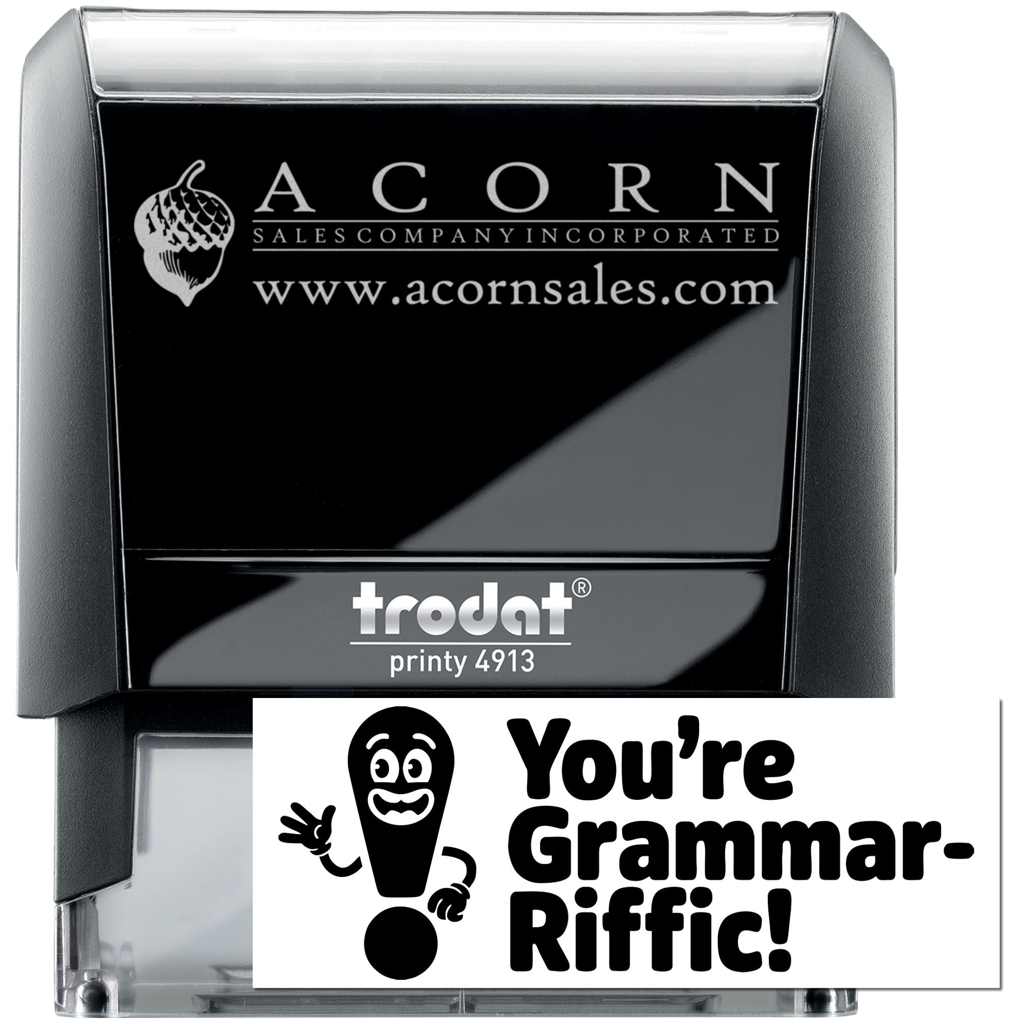 Custom self-inking rubber stamp with Acorn Sales logo, company name, website, and Trodat Printy 4913 case