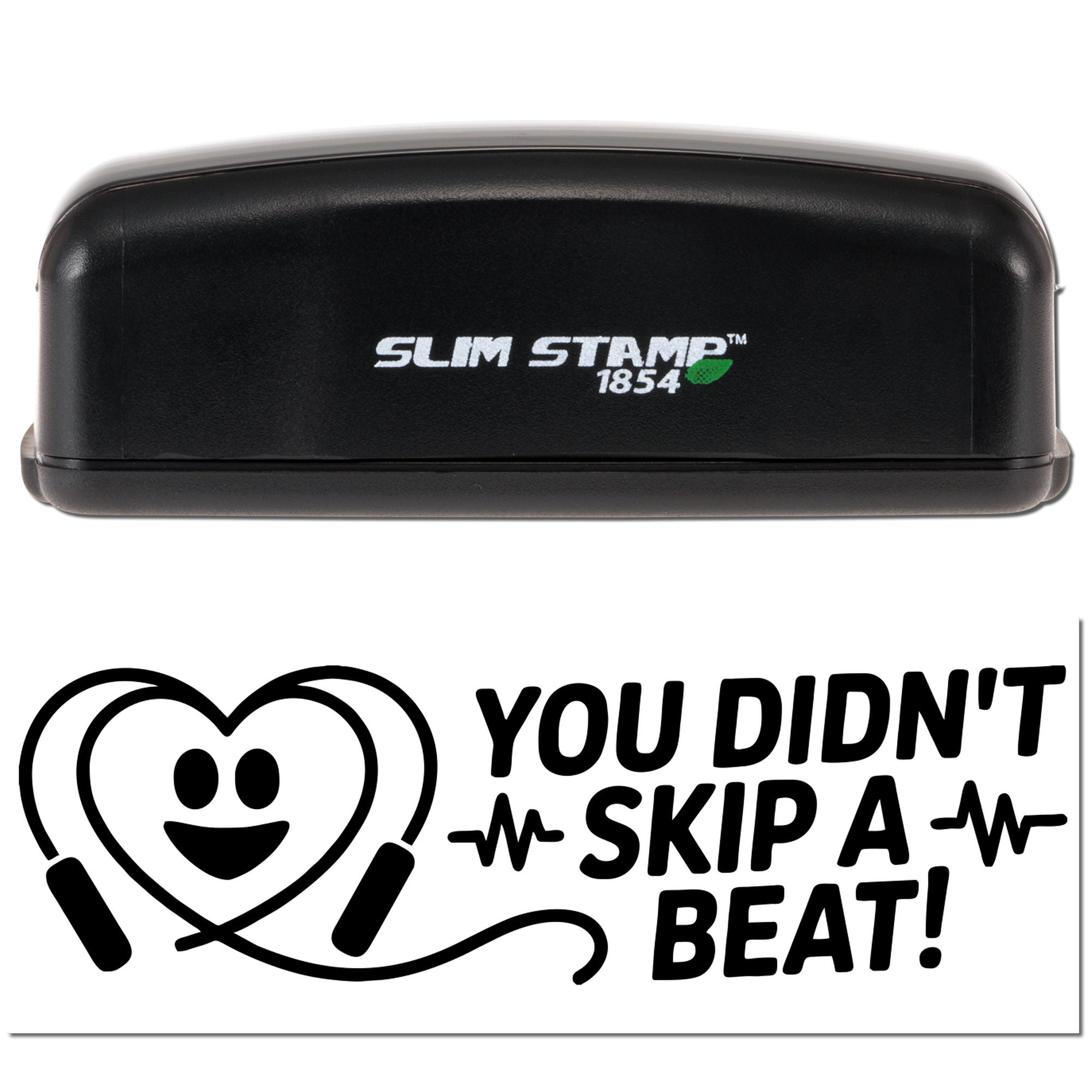 Slim Stamp 1854 rubber stamp with heart-headphone logo and You Didnt Skip a Beat! design for music-themed projects.