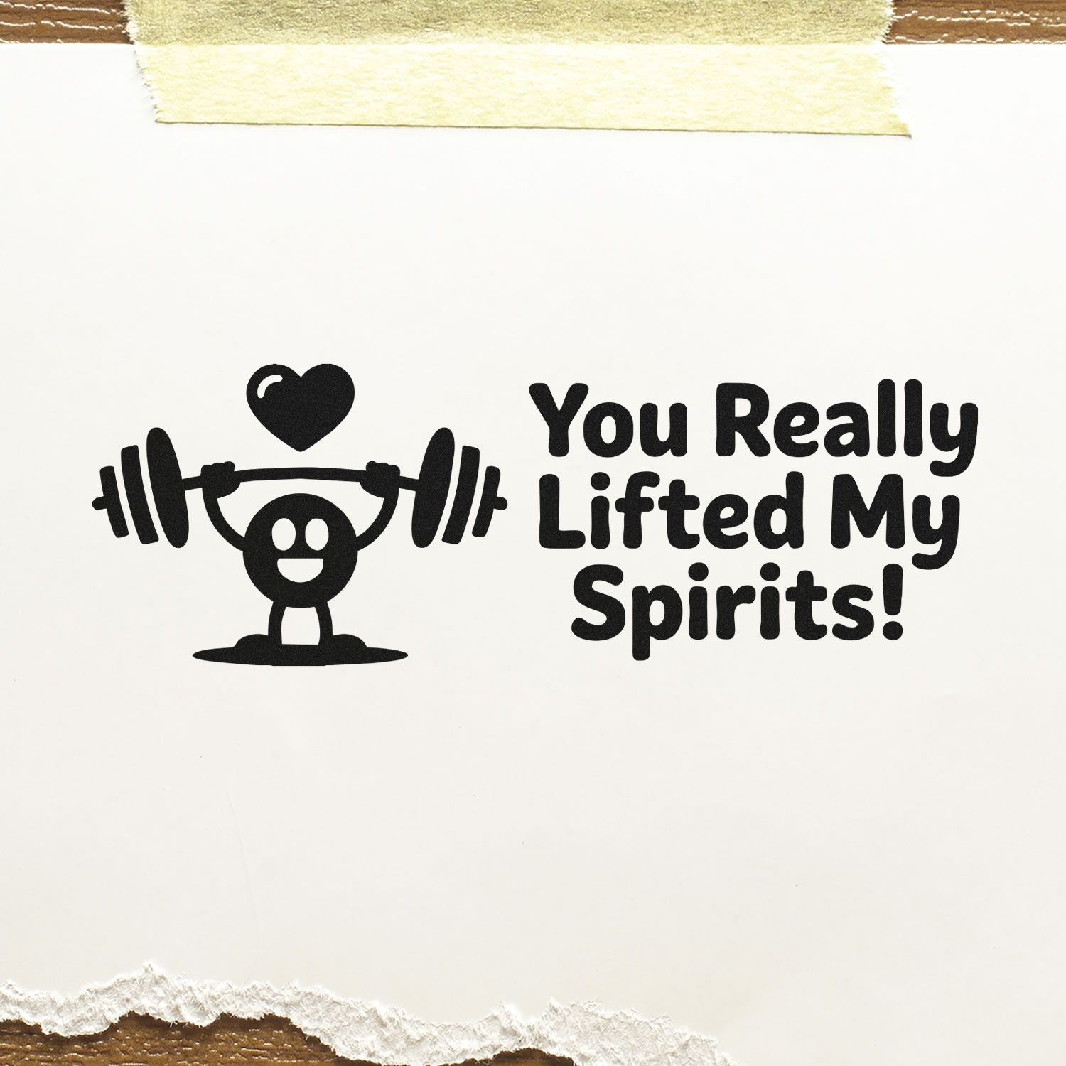 You Really Lifted My Spirits rubber stamp design with weightlifter and heart graphic for fitness-themed cards and crafts.