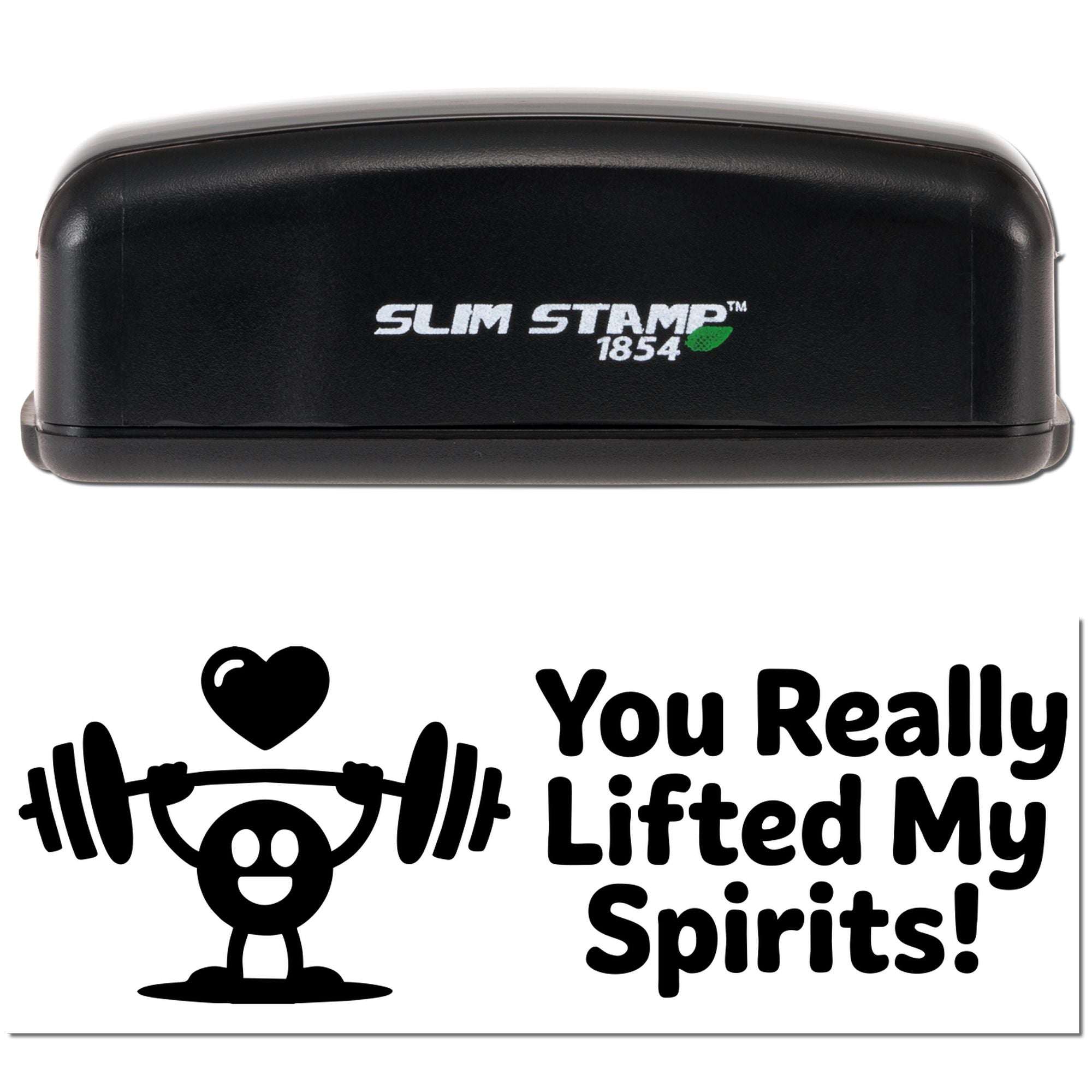 Slim Stamp 1854 rubber stamp featuring 'You Really Lifted My Spirits!' with weightlifting monkey design