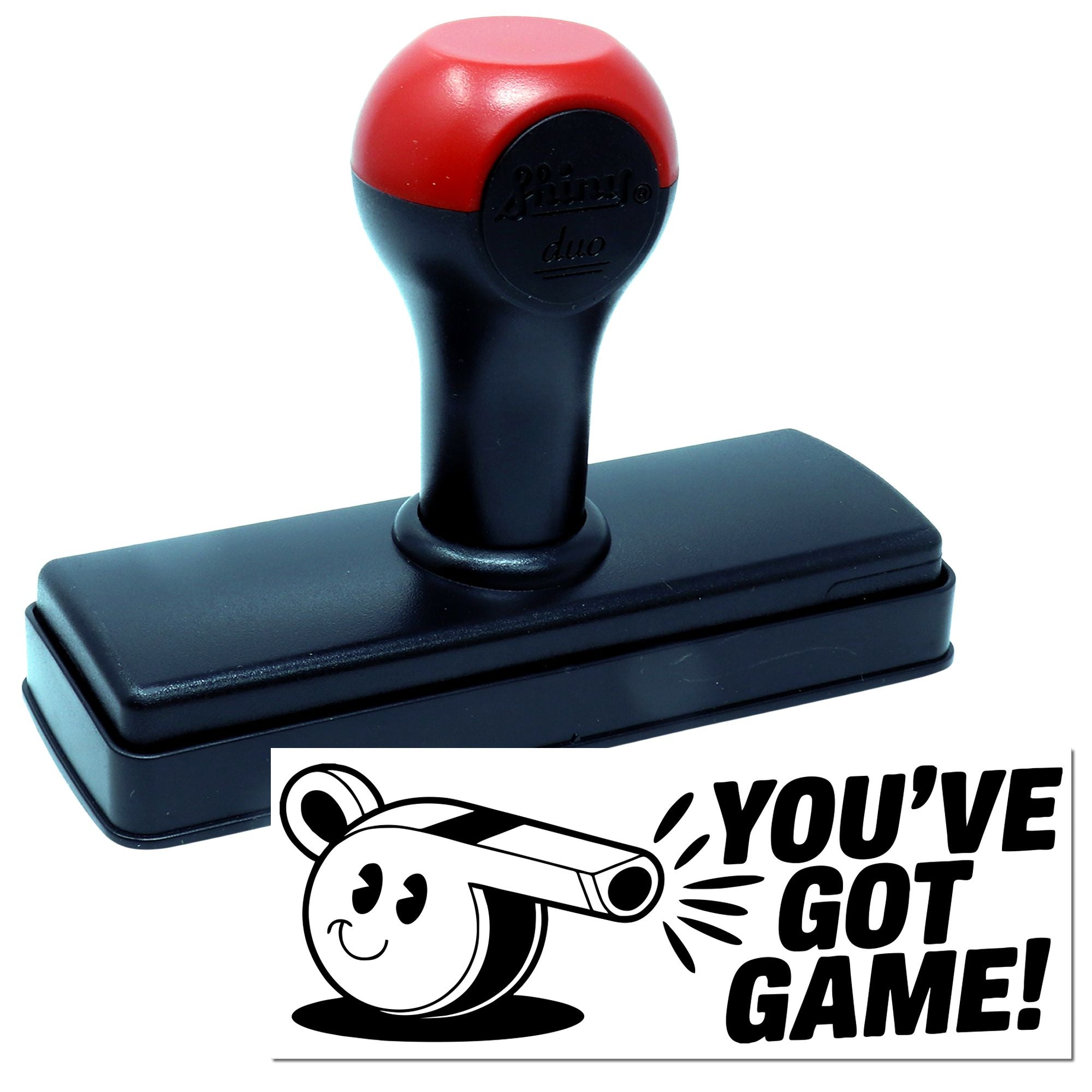 Self-inking rubber stamp with Youve Got Game! design for sports awards, coaching, and custom business stamping.