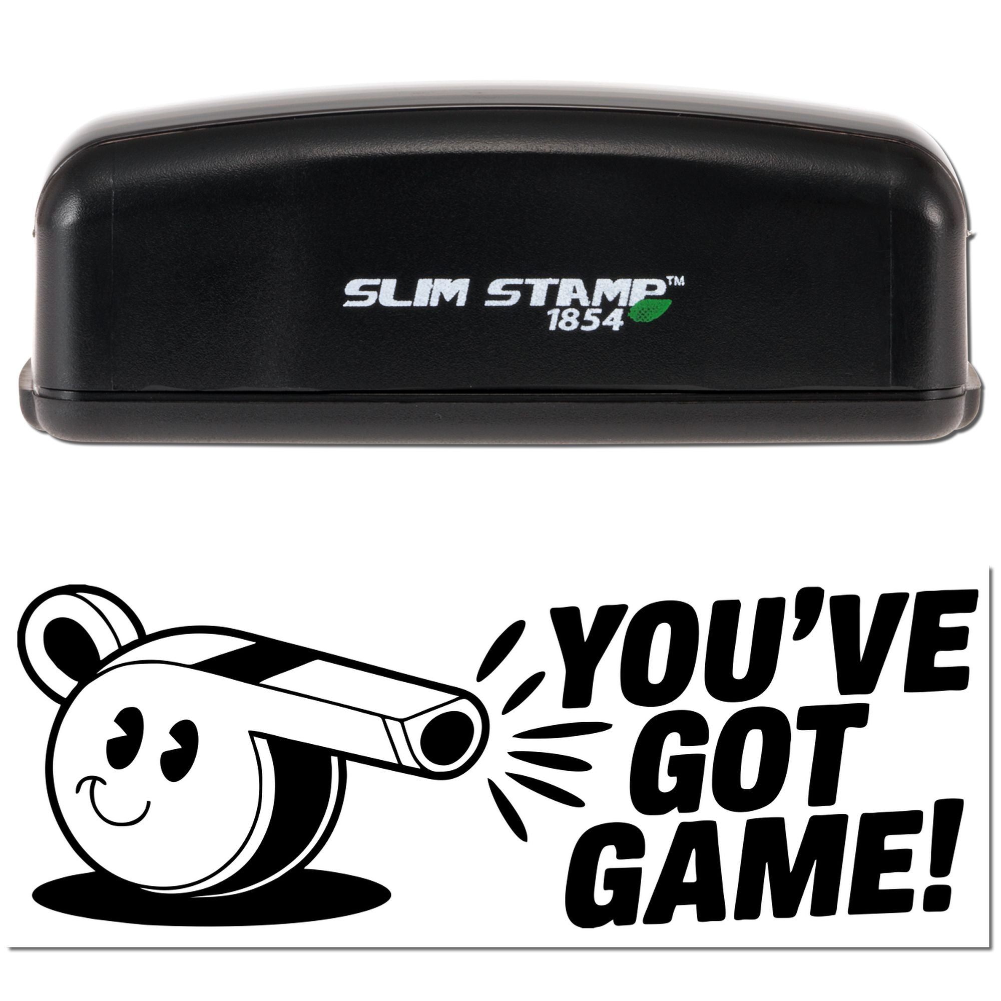 Slim Stamp 1854 self-inking rubber stamp with Youve Got Game! whistle design for sports or coach awards