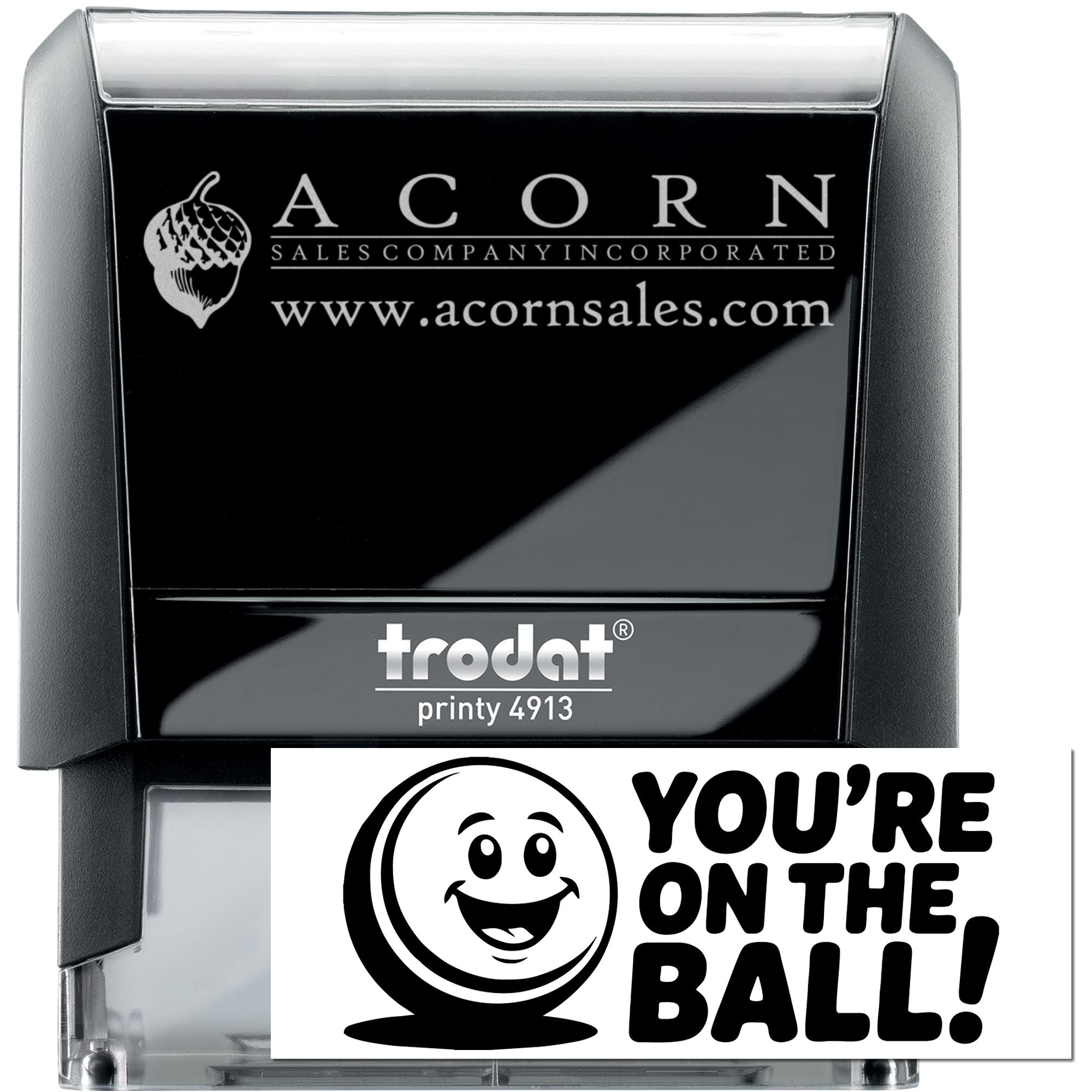 Custom self-inking rubber stamp, Trodat Printy 4913, featuring Acorn Sales logo and website imprint.