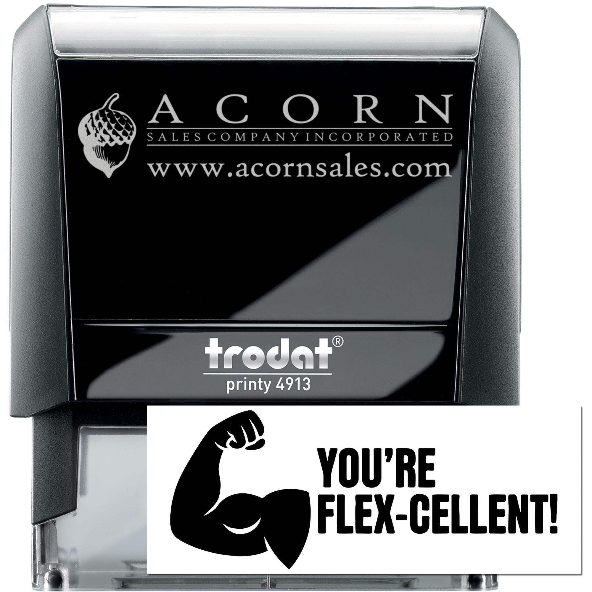 Custom self-inking Trodat Printy rubber stamp with Acorn Sales logo and Youre flex-cellent! design