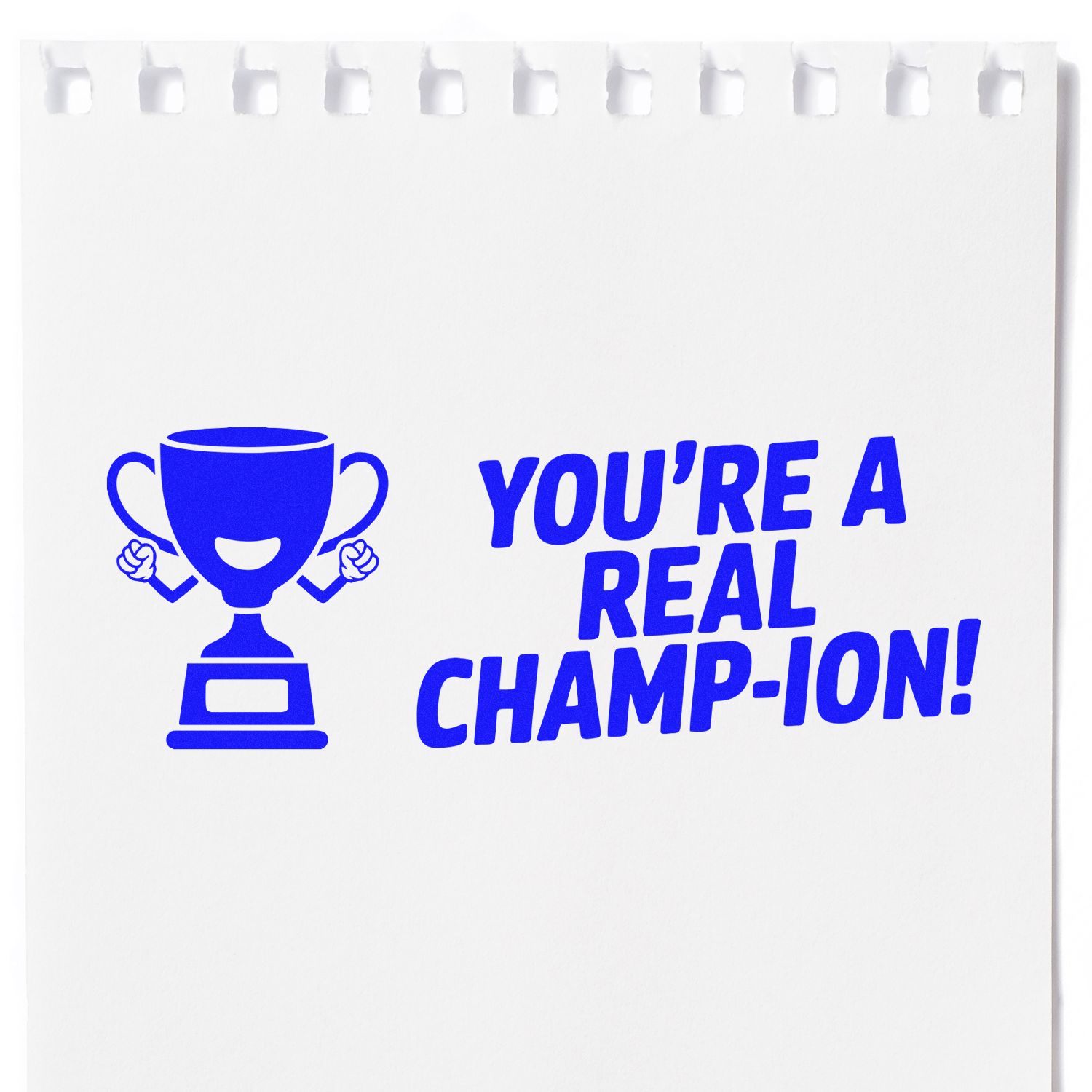 Blue rubber stamp design with trophy icon and Youre a Real Champ-ion! text for award recognition or teacher praise.