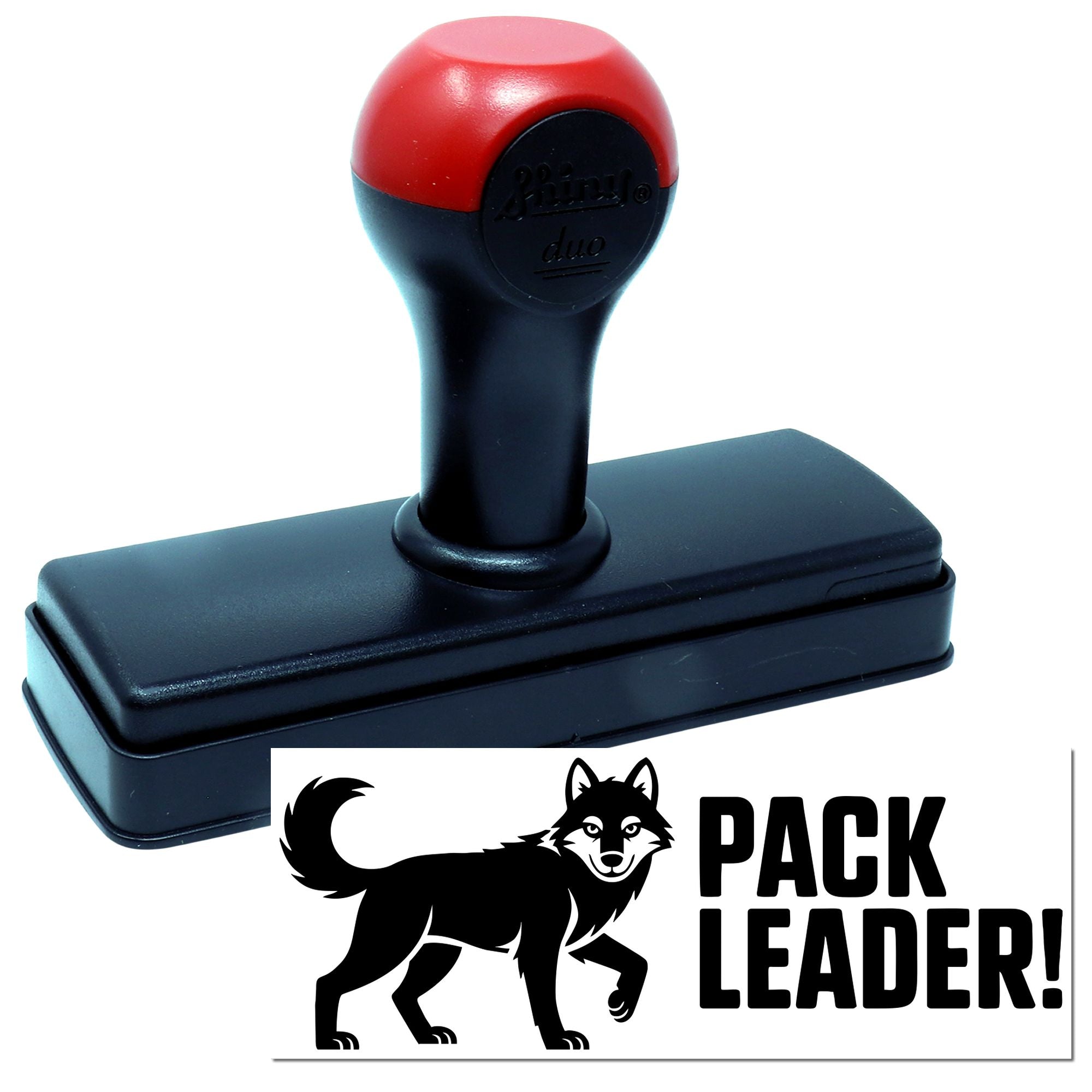 Self-inking rubber stamp with wolf Pack Leader! design for custom branding, clubs, and team recognition.