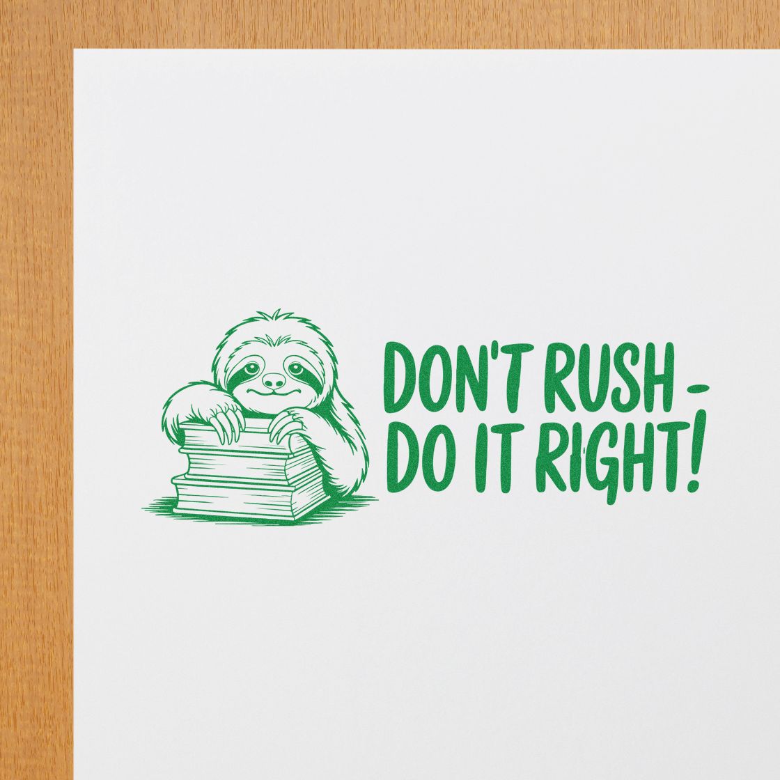 Sloth rubber stamp with Dont Rush - Do It Right! motivational message for office and business use.
