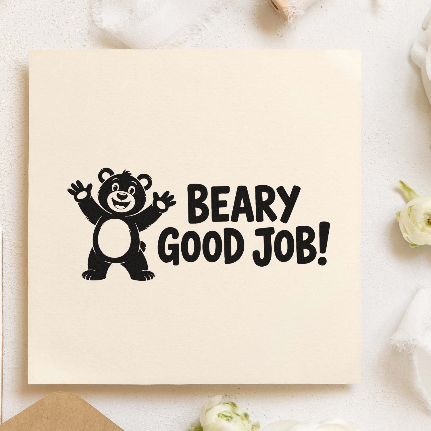 Cute bear rubber stamp saying Beary Good Job for classroom rewards, thank-you cards, and fun crafting projects.