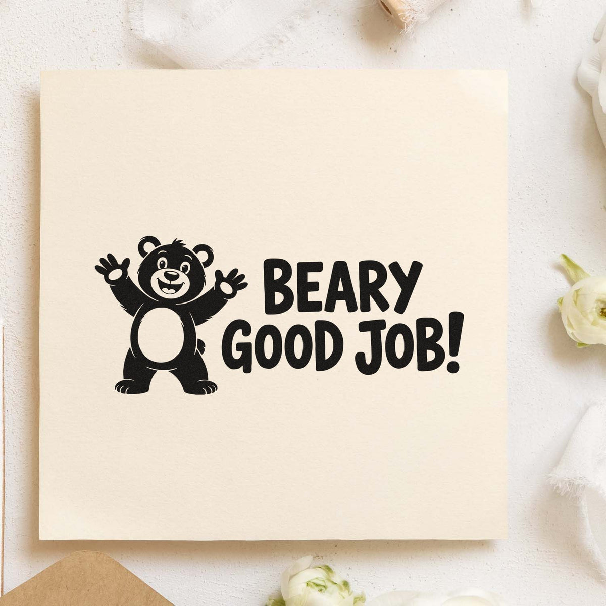 Cute bear rubber stamp design with BEARY GOOD JOB! text for kids rewards, classroom praise, and encouragement cards.