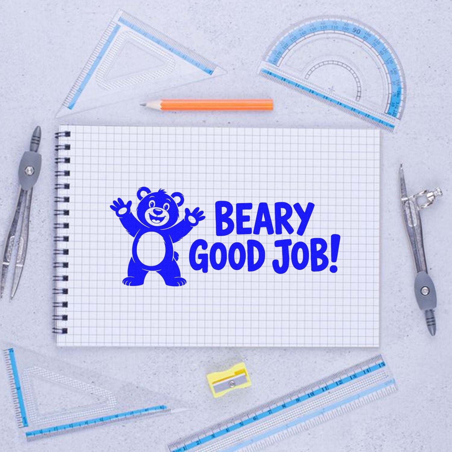 Beary Good Job! blue bear rubber stamp design for rewarding students on schoolwork, worksheets, and classroom crafts.