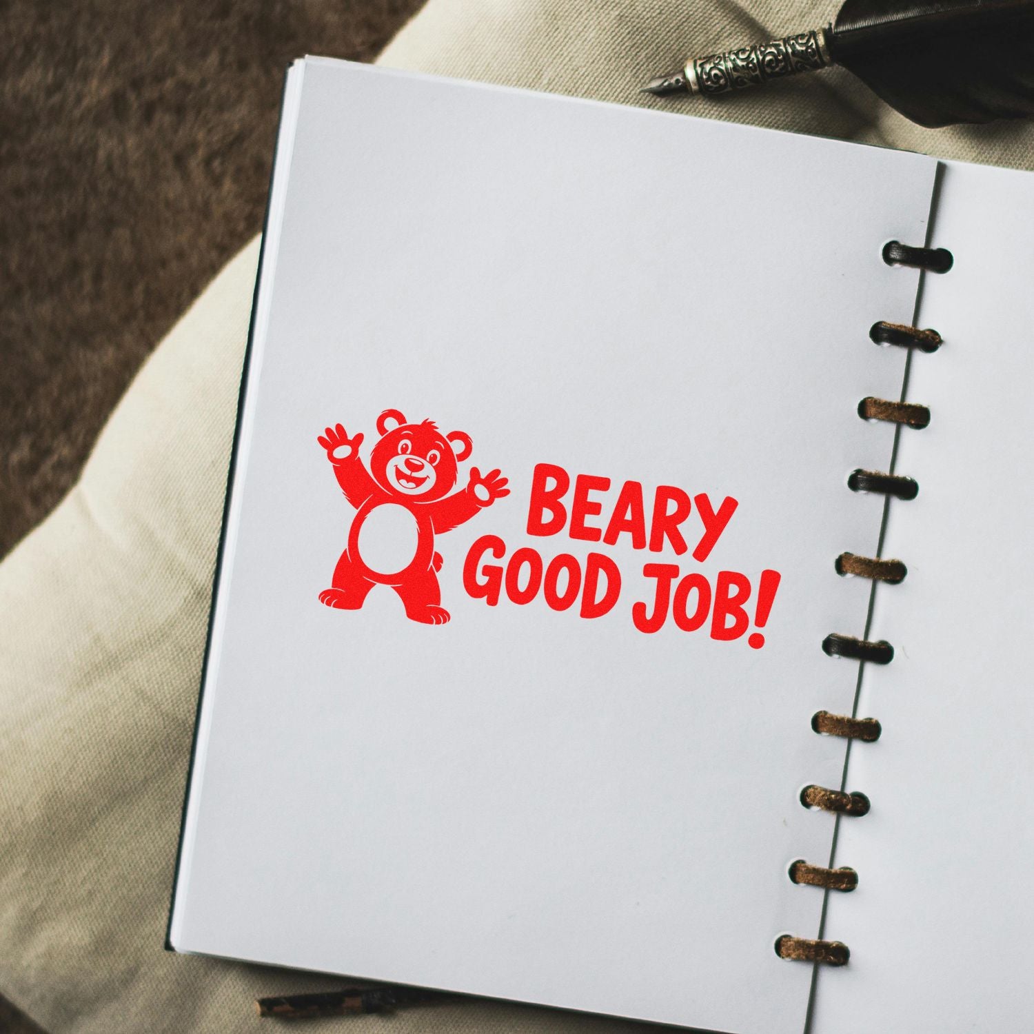 Beary Good Job rubber stamp impression on notebook page, a cute motivational bear stamp for planners, journals, and teacher rewards.