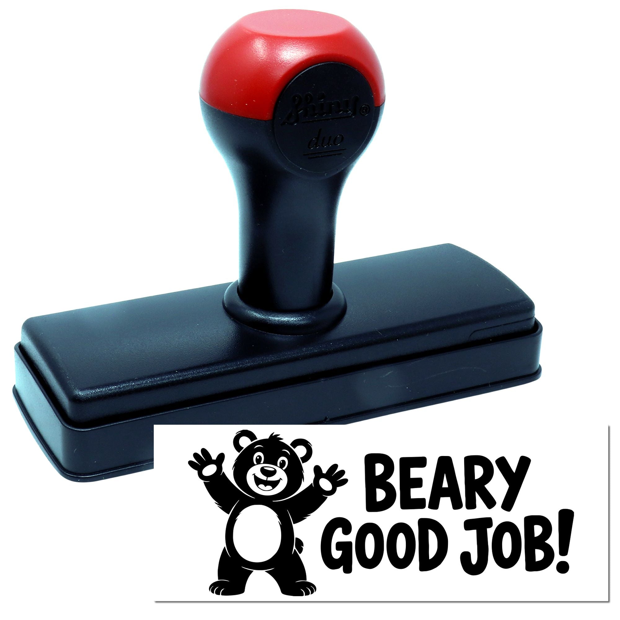 Self-inking rubber stamp with Beary Good Job! bear design for teacher rewards, kids work, and motivational feedback.