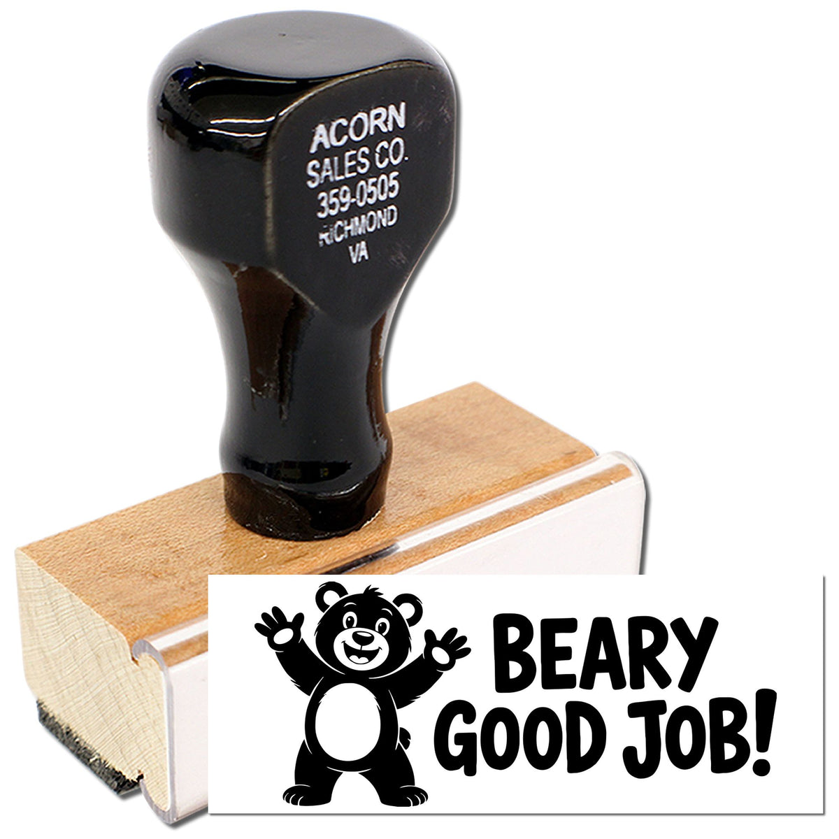 Beary Good Job! rubber stamp for classroom rewards and teacher praise, with cute bear graphic and custom wood handle.