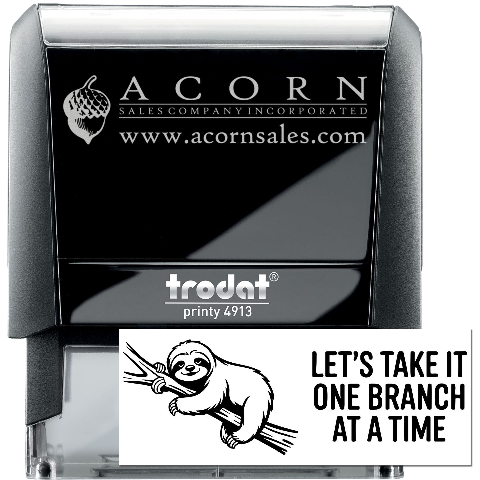 Custom self-inking rubber stamp with Acorn Sales logo and sample sloth design, Trodat Printy 4913 for business branding.