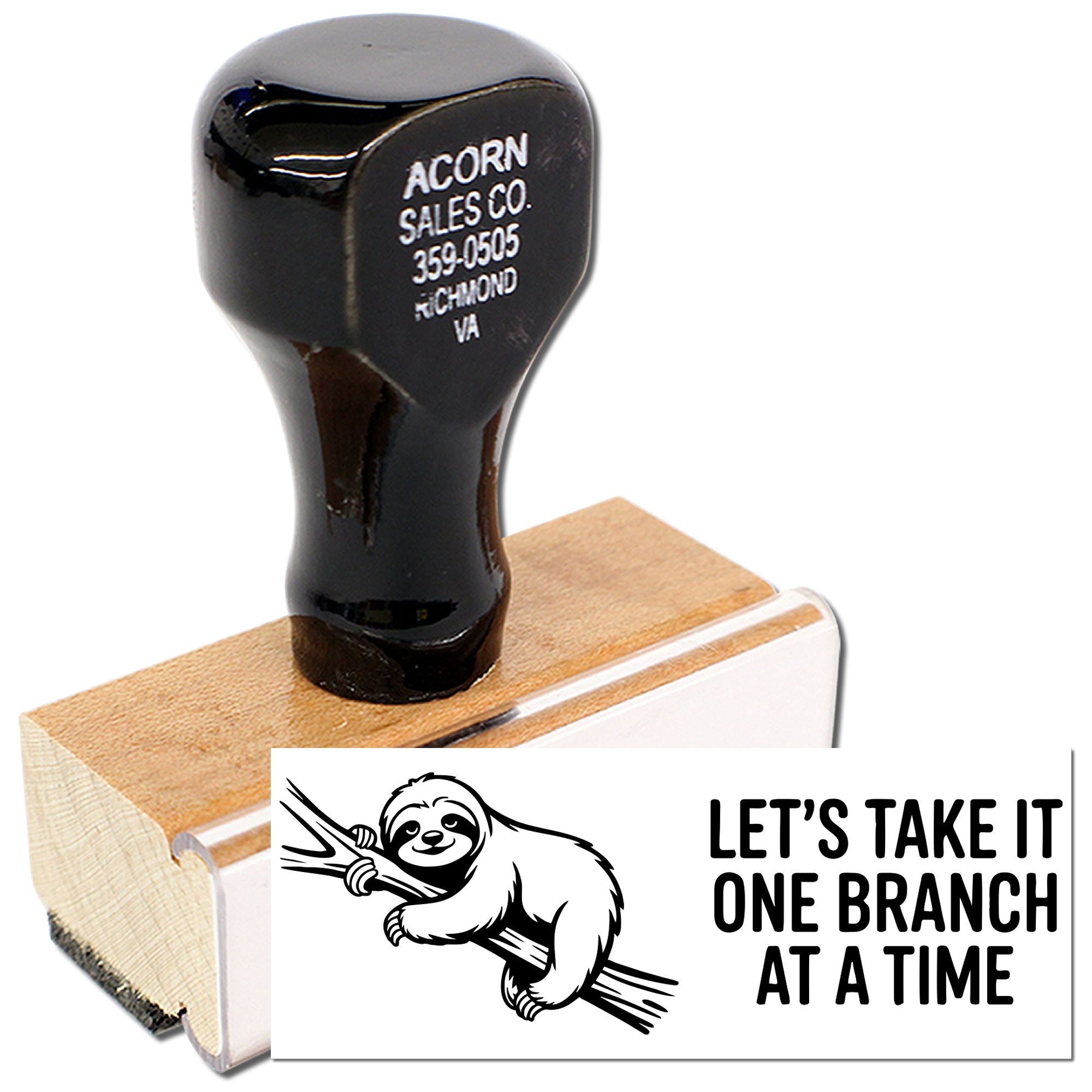 Wood handle rubber stamp featuring a sloth and Lets take it one branch at a time phrase for crafting projects.