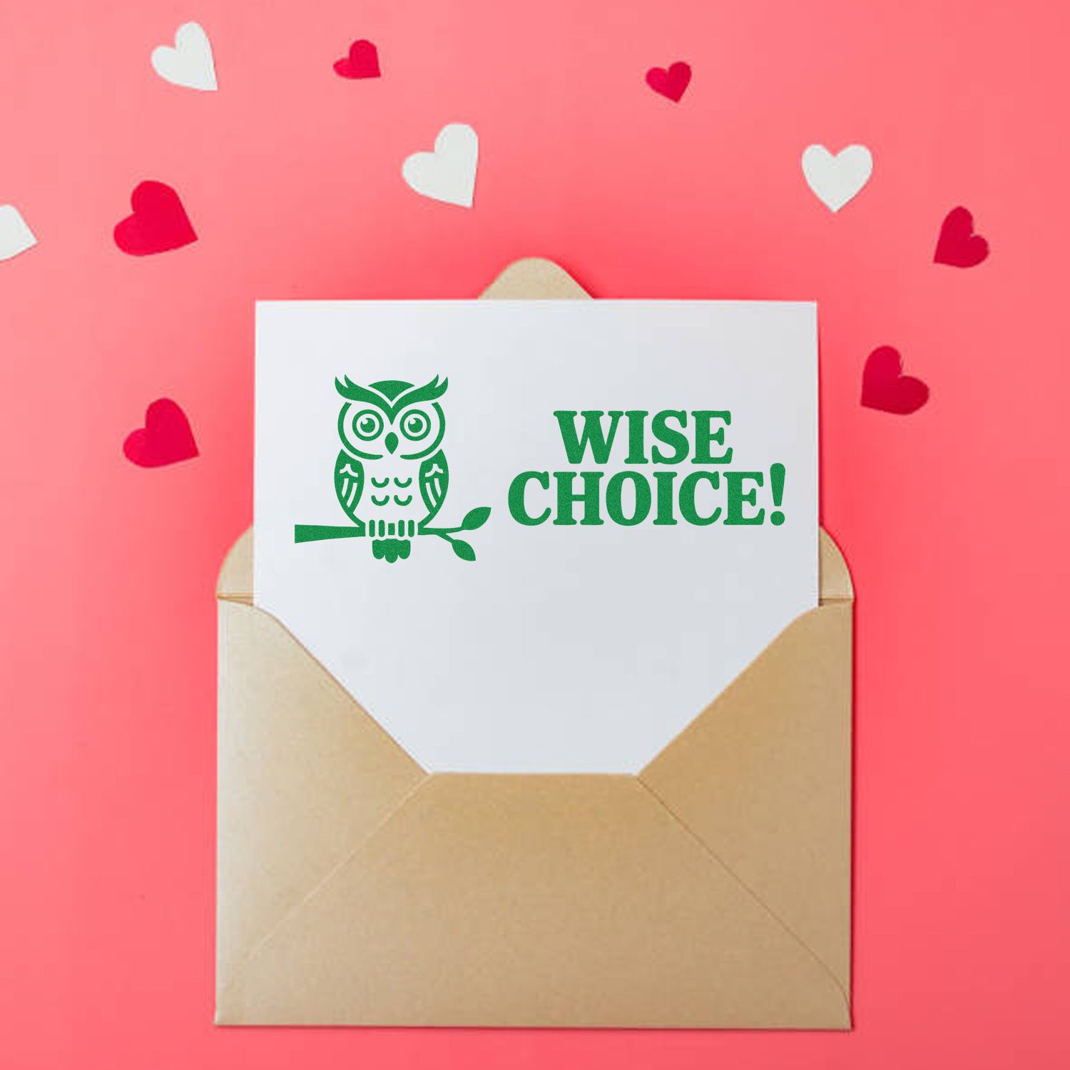 Wise Choice owl rubber stamp on envelope, surrounded by hearts, for handmade Valentine cards and stationery.