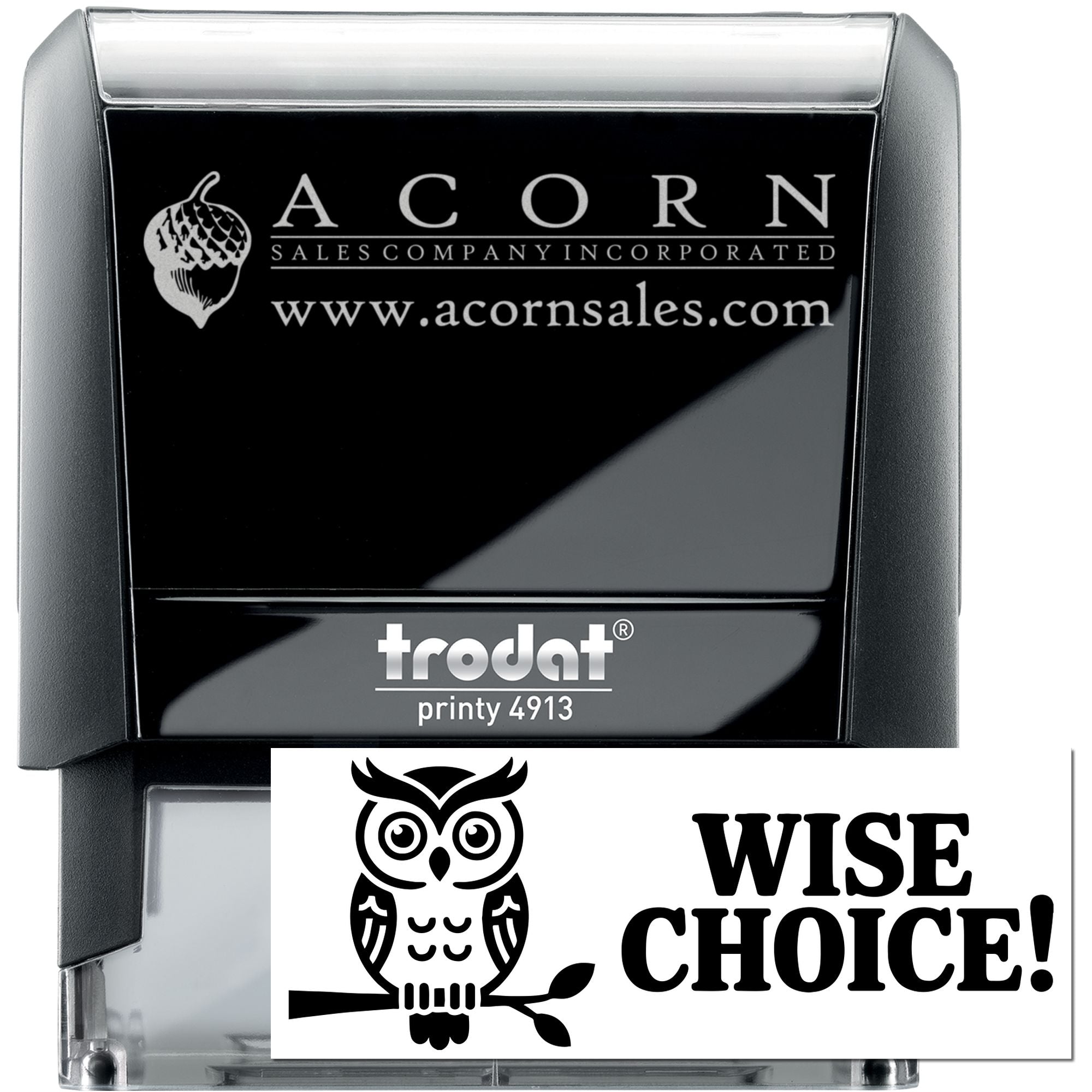 Trodat Printy 4913 self-inking rubber stamp with custom logo and Wise Choice owl design for business branding.