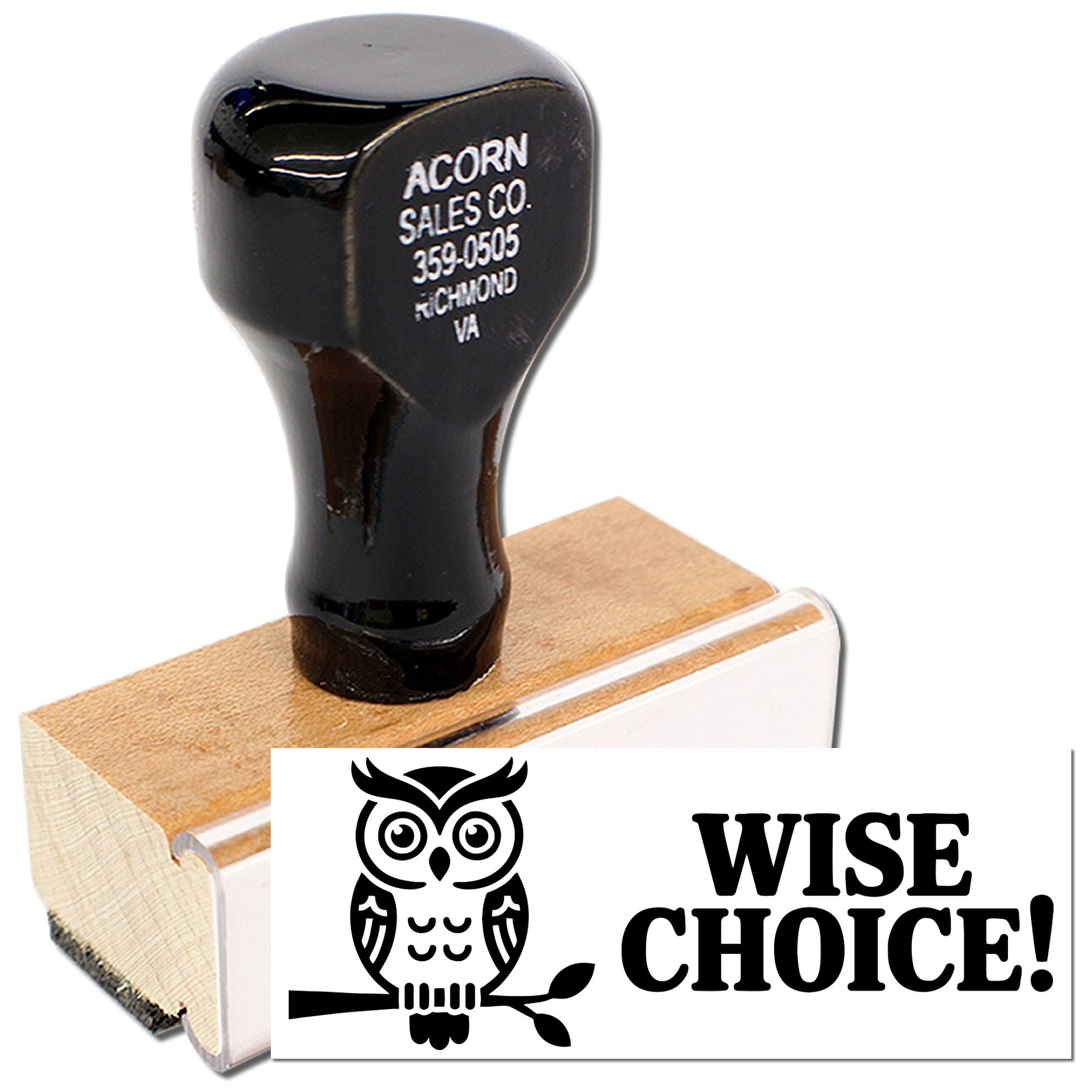 Custom rubber stamp with owl Wise Choice design and business address for branding, packaging, and business use.