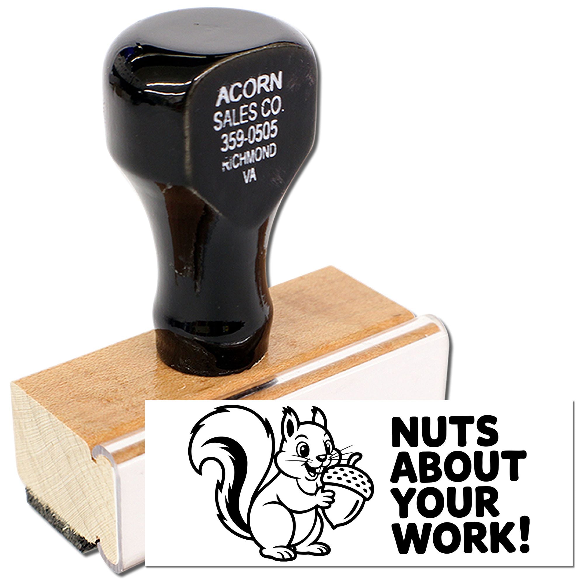 Custom rubber stamp with squirrel and Nuts About Your Work! message for playful business branding.