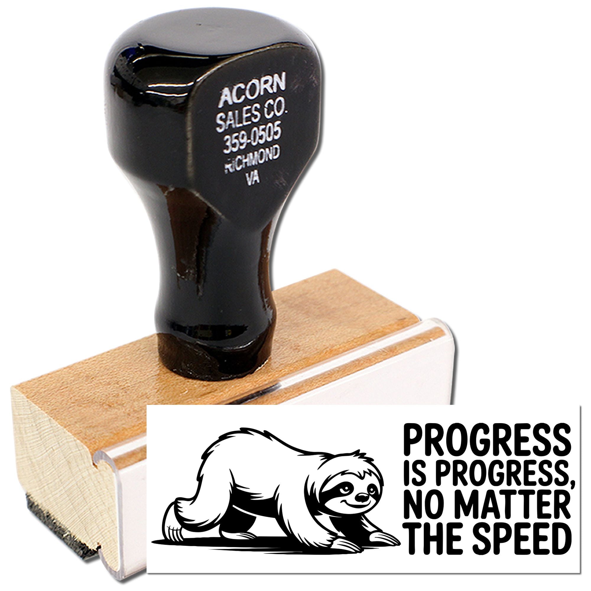 Custom rubber stamp featuring a sloth and the motivational quote, Progress is progress, no matter the speed.