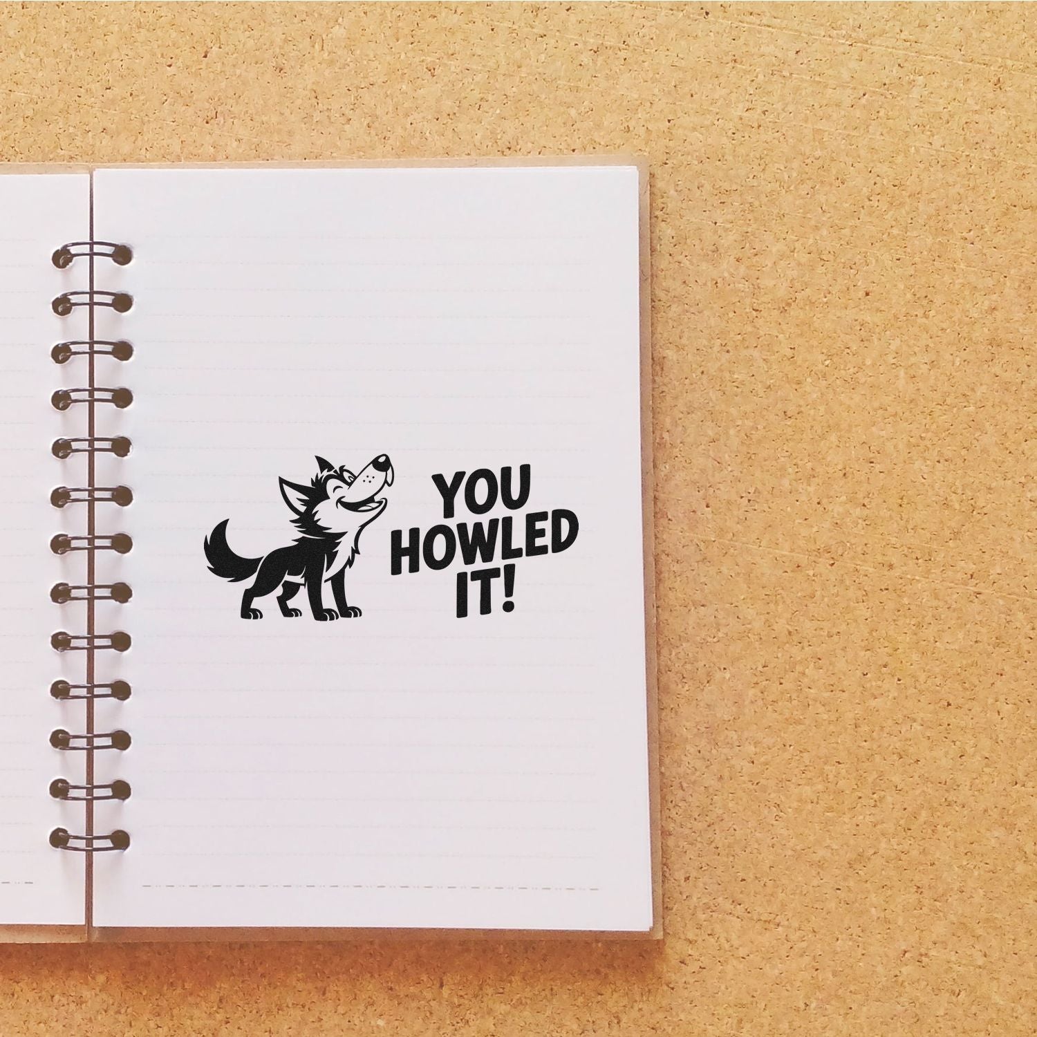 Wolf rubber stamp design with You Howled It! message, ideal for playful journaling, scrapbooking, and craft stamping.