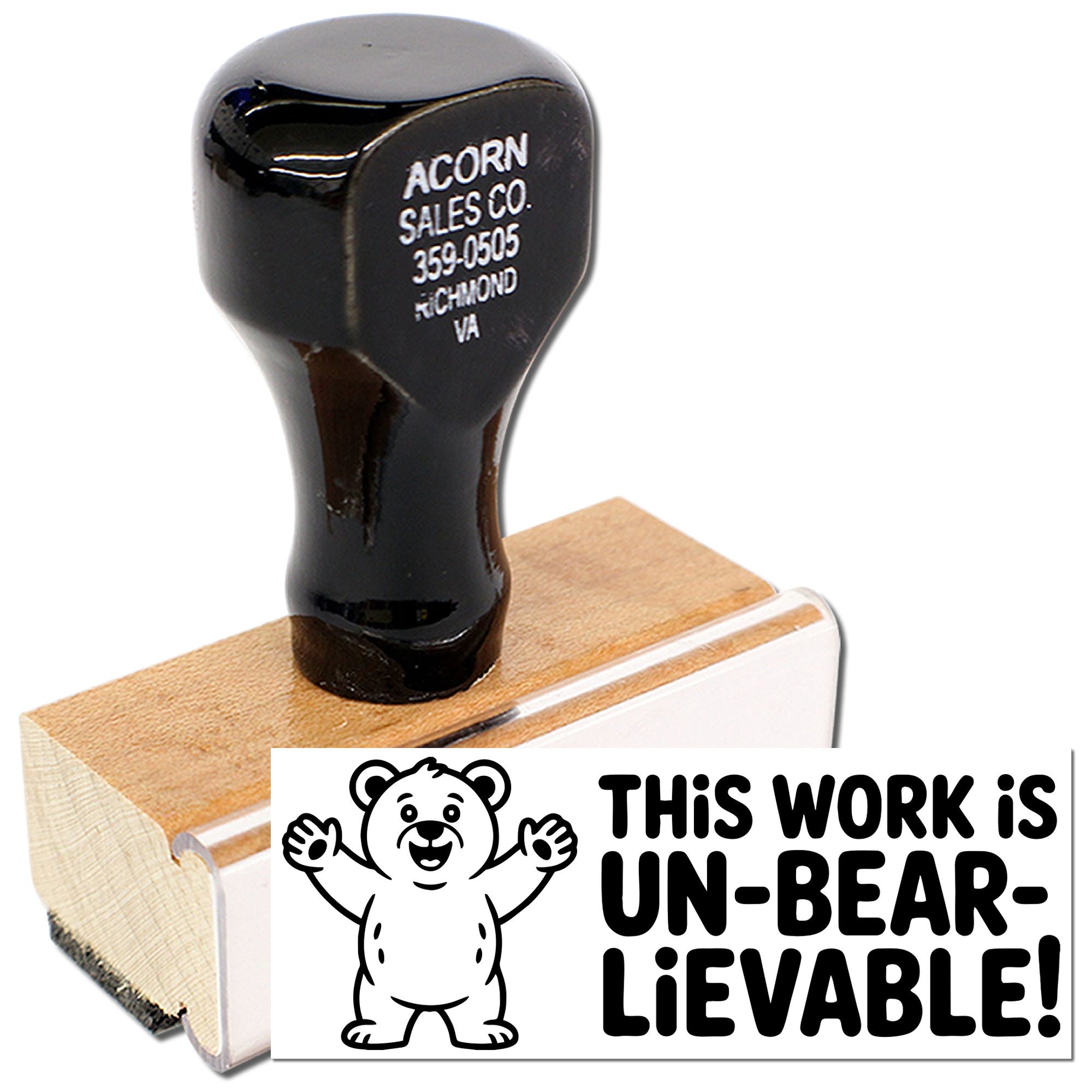 Bear-themed rubber stamp with This work is un-bear-lievable! message for grading, encouragement, and classroom use.