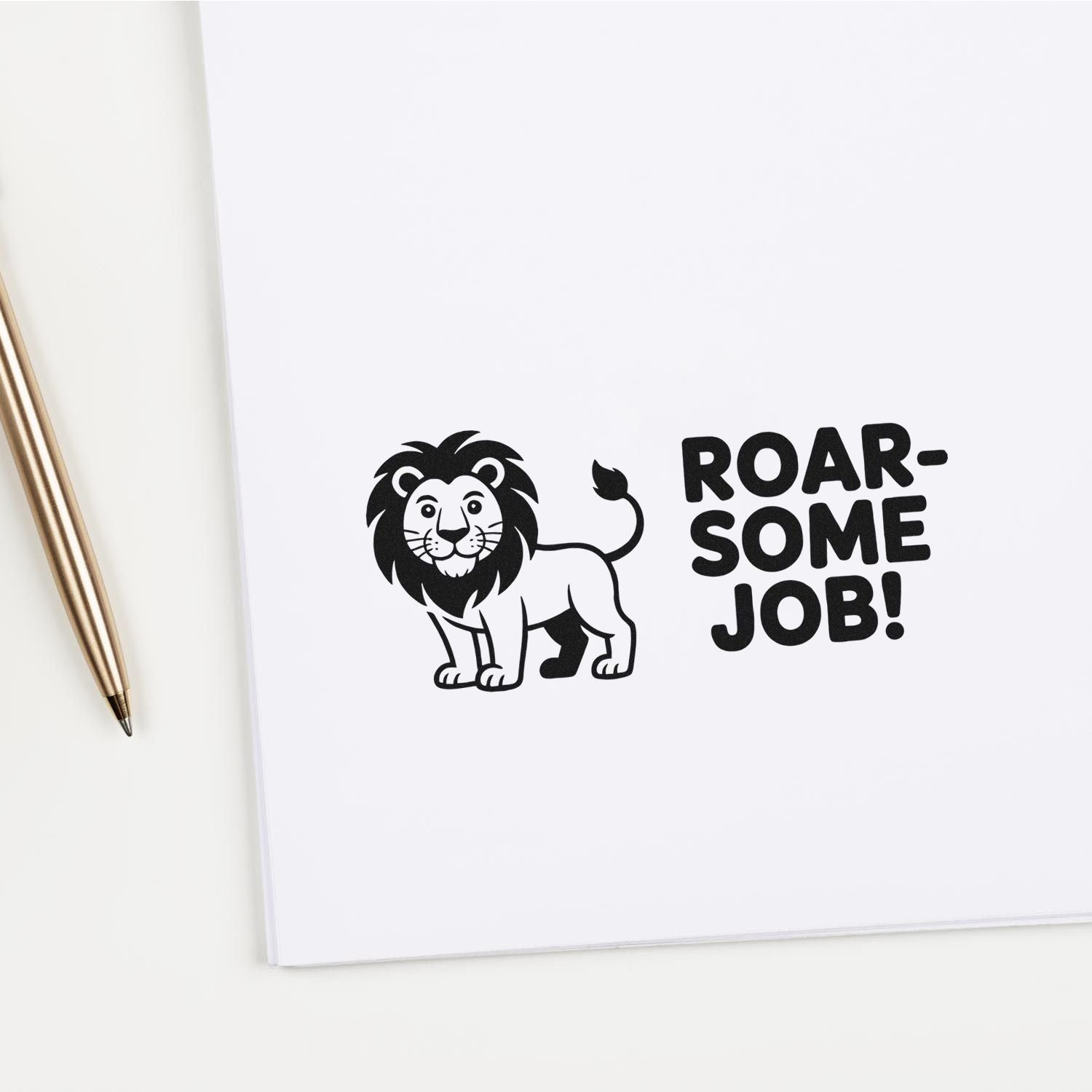 Lion rubber stamp design with Roar-some Job! text, perfect for teacher rewards, schoolwork, and motivational stamping.