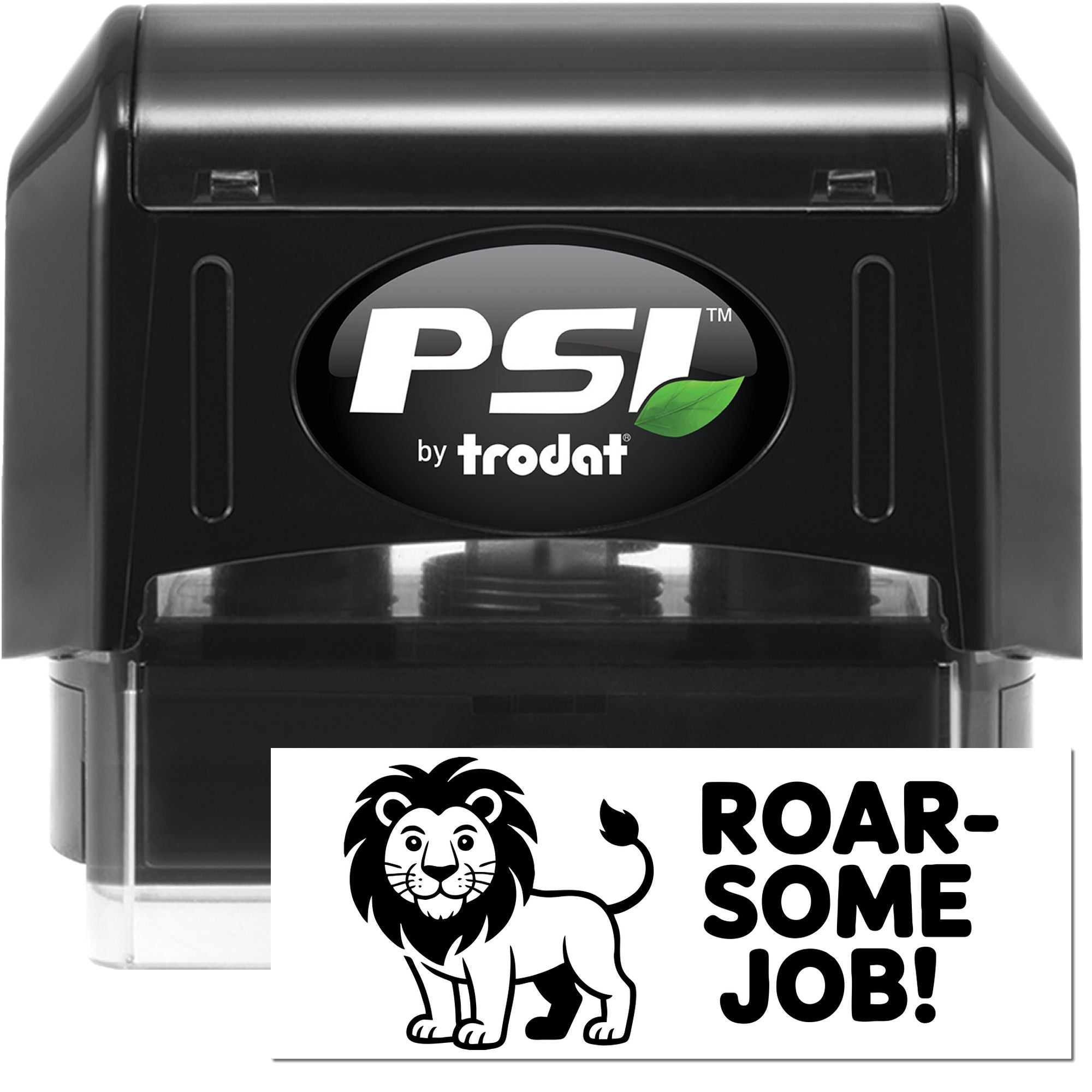 PSI by Trodat self-inking rubber stamp with lion graphic and Roar-some Job! custom message for praise or rewards