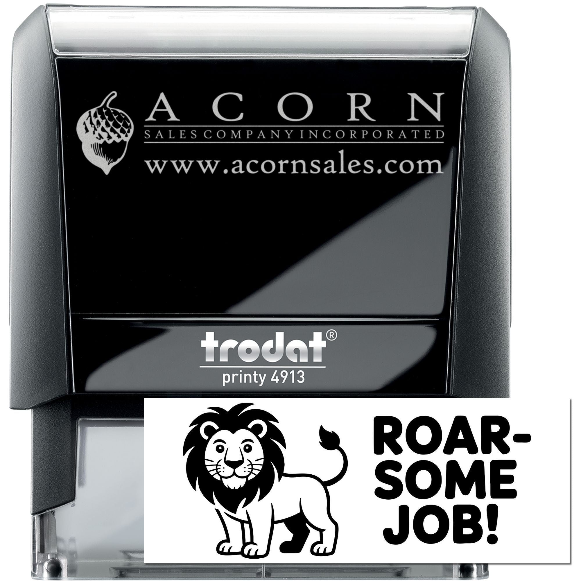 Custom self-inking rubber stamp for business branding, featuring Acorn Sales logo and a sample promotional imprint.