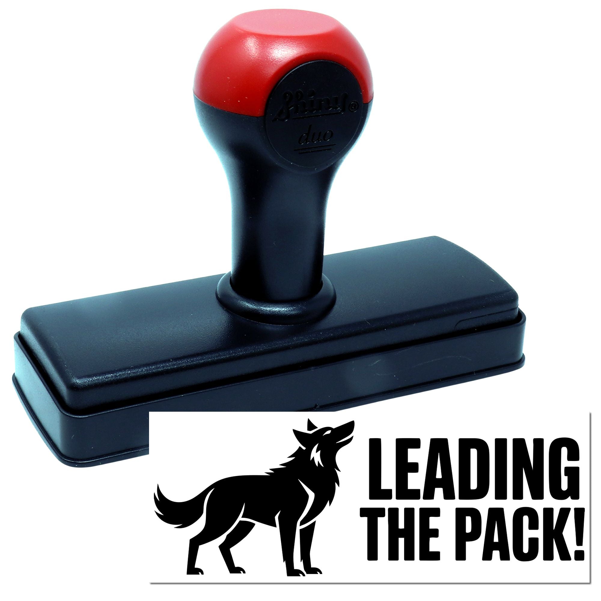 Custom self-inking rubber stamp with wolf logo and Leading the Pack! message for branding or packaging.