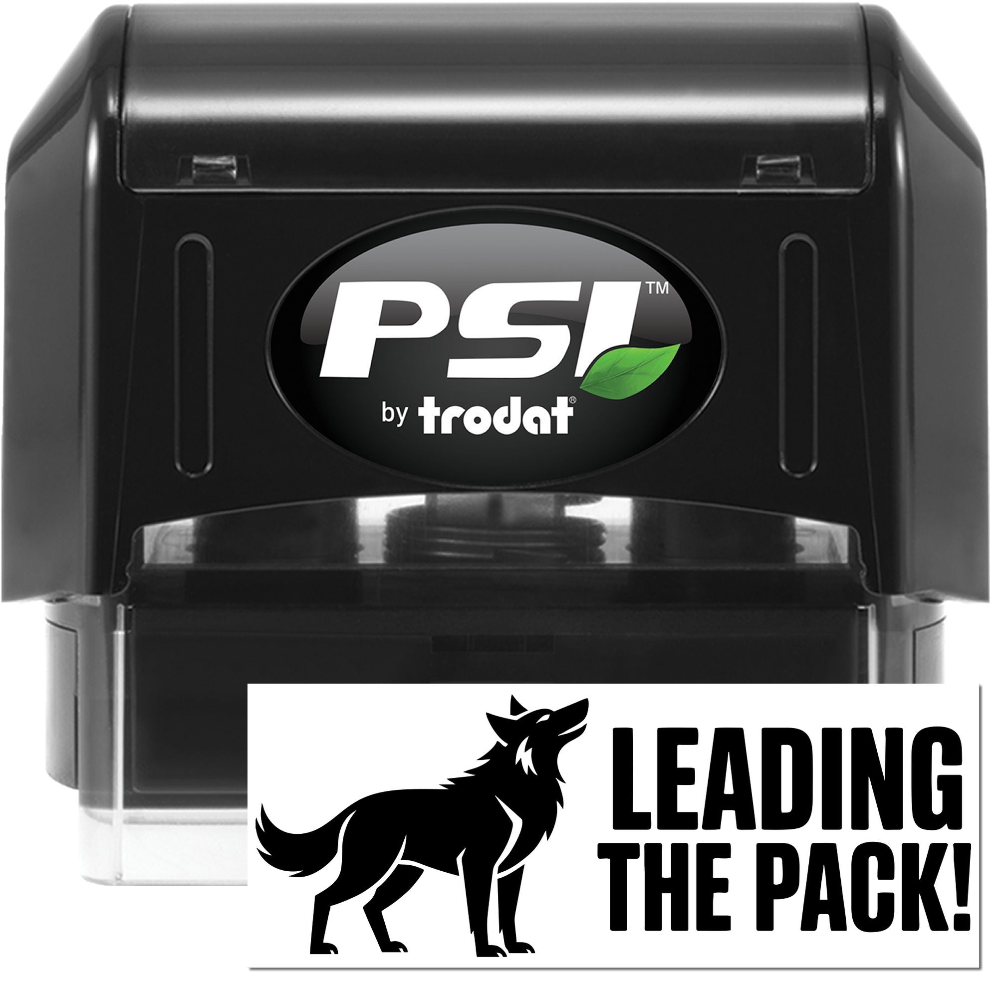 PSI by Trodat self-inking rubber stamp with custom wolf logo and Leading the Pack! imprint