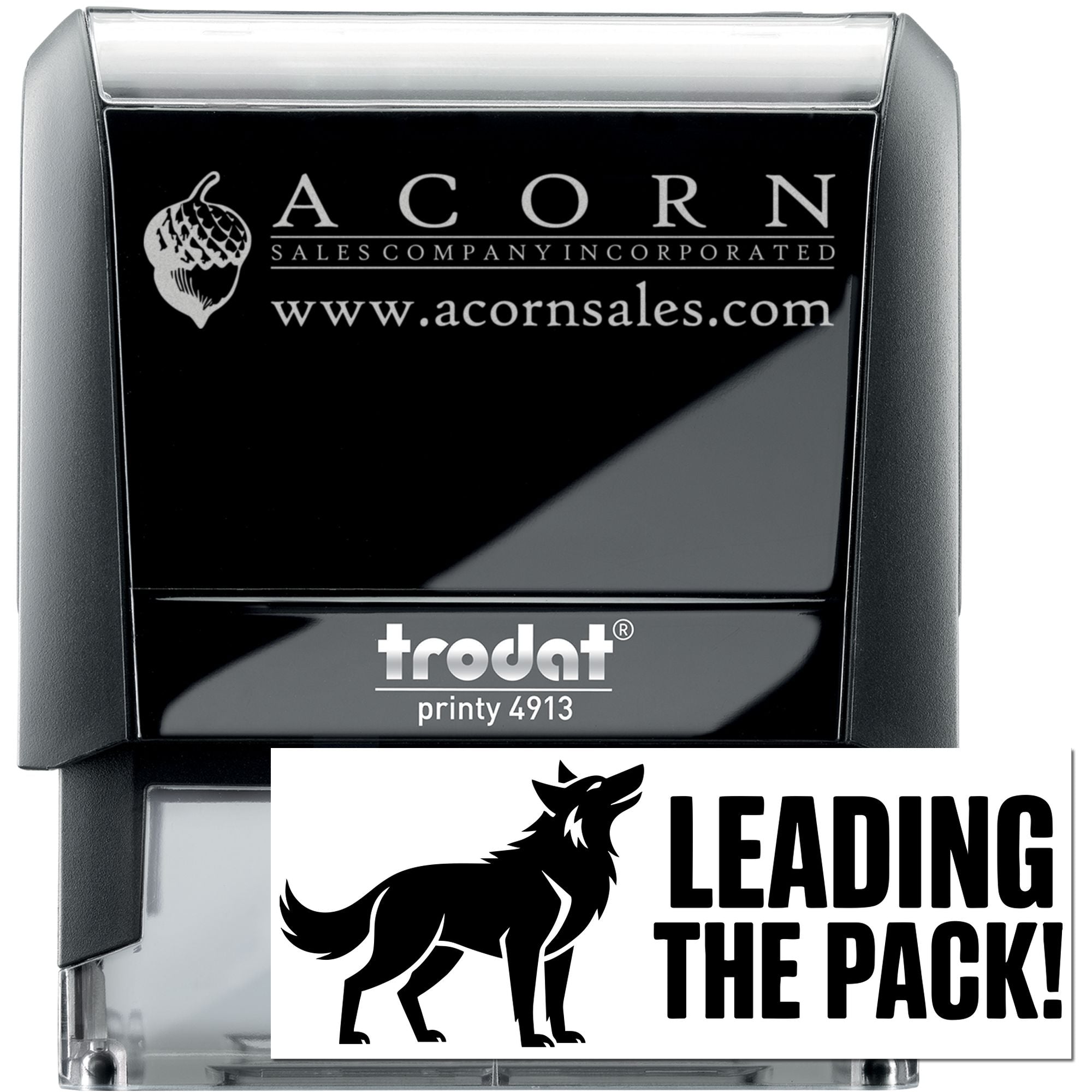 Custom self-inking rubber stamp with Acorn Sales Company logo and website, Trodat Printy 4913 business stamp.