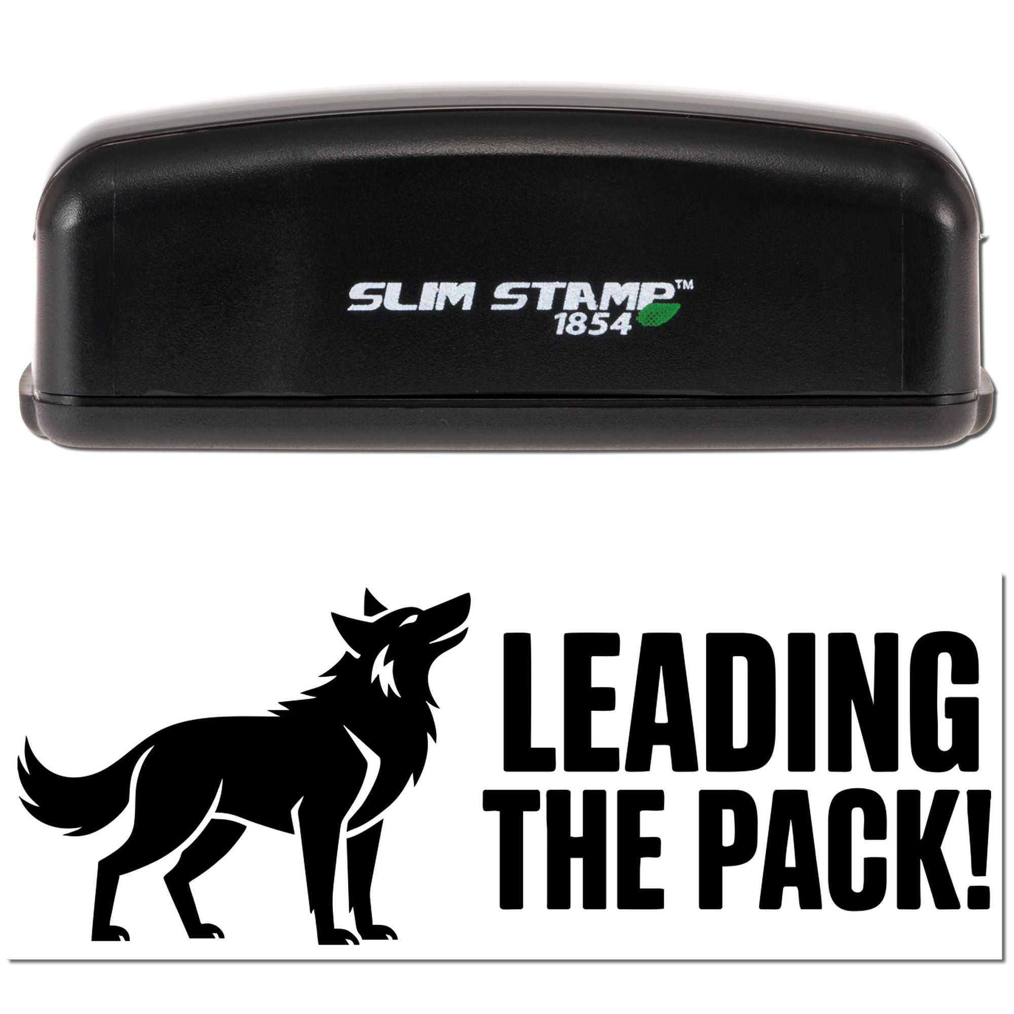 Slim Stamp 1854 self-inking rubber stamp with wolf logo and Leading the Pack! custom imprint design.