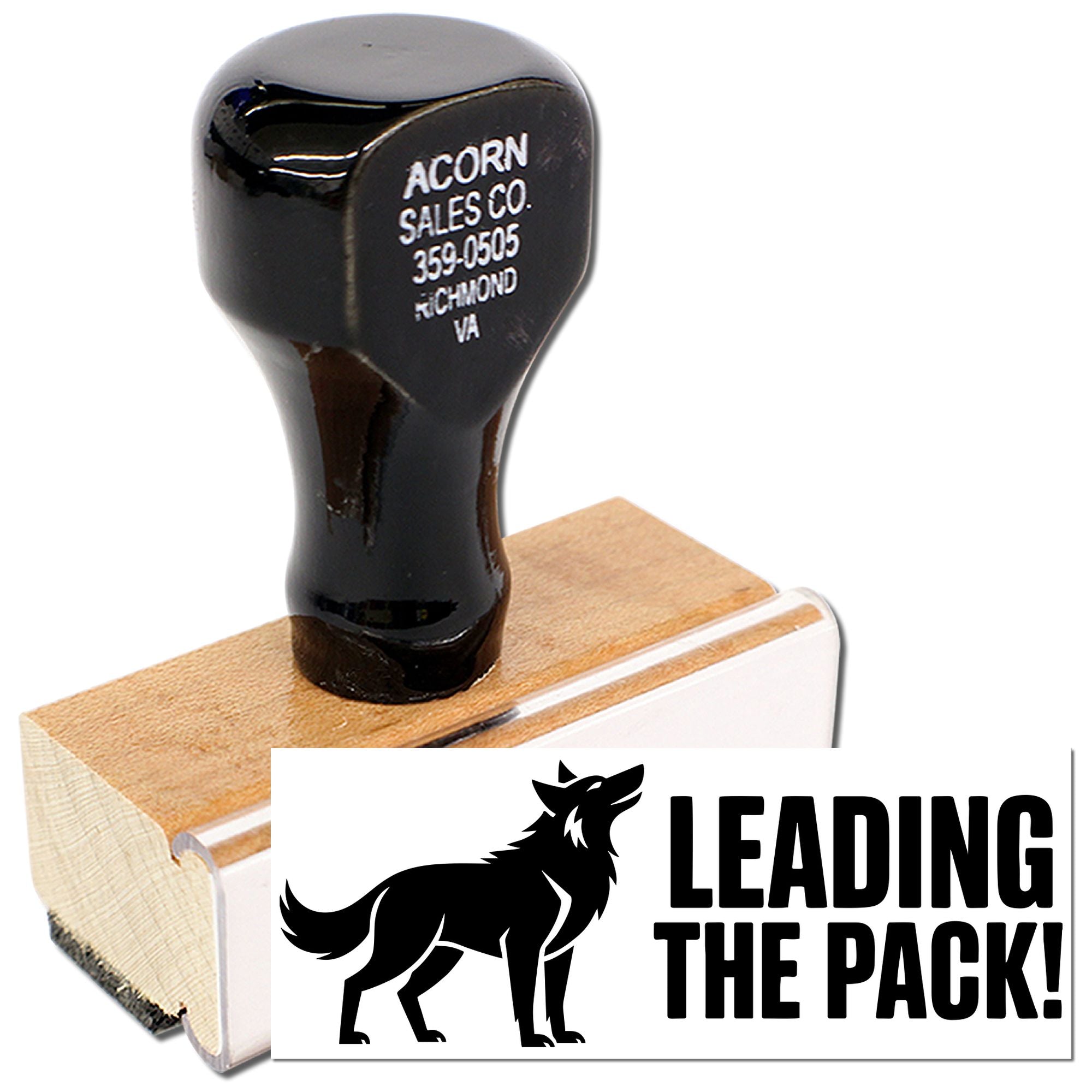 Custom rubber stamp with wolf logo and Leading the Pack! branding for business packaging and promotions
