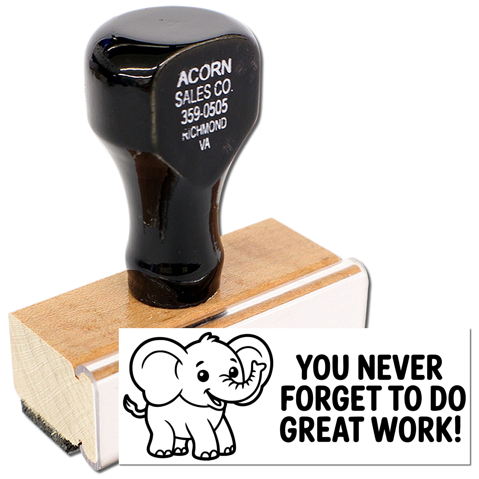 Custom wood handle rubber stamp with elephant design and You never forget to do great work! message for branding