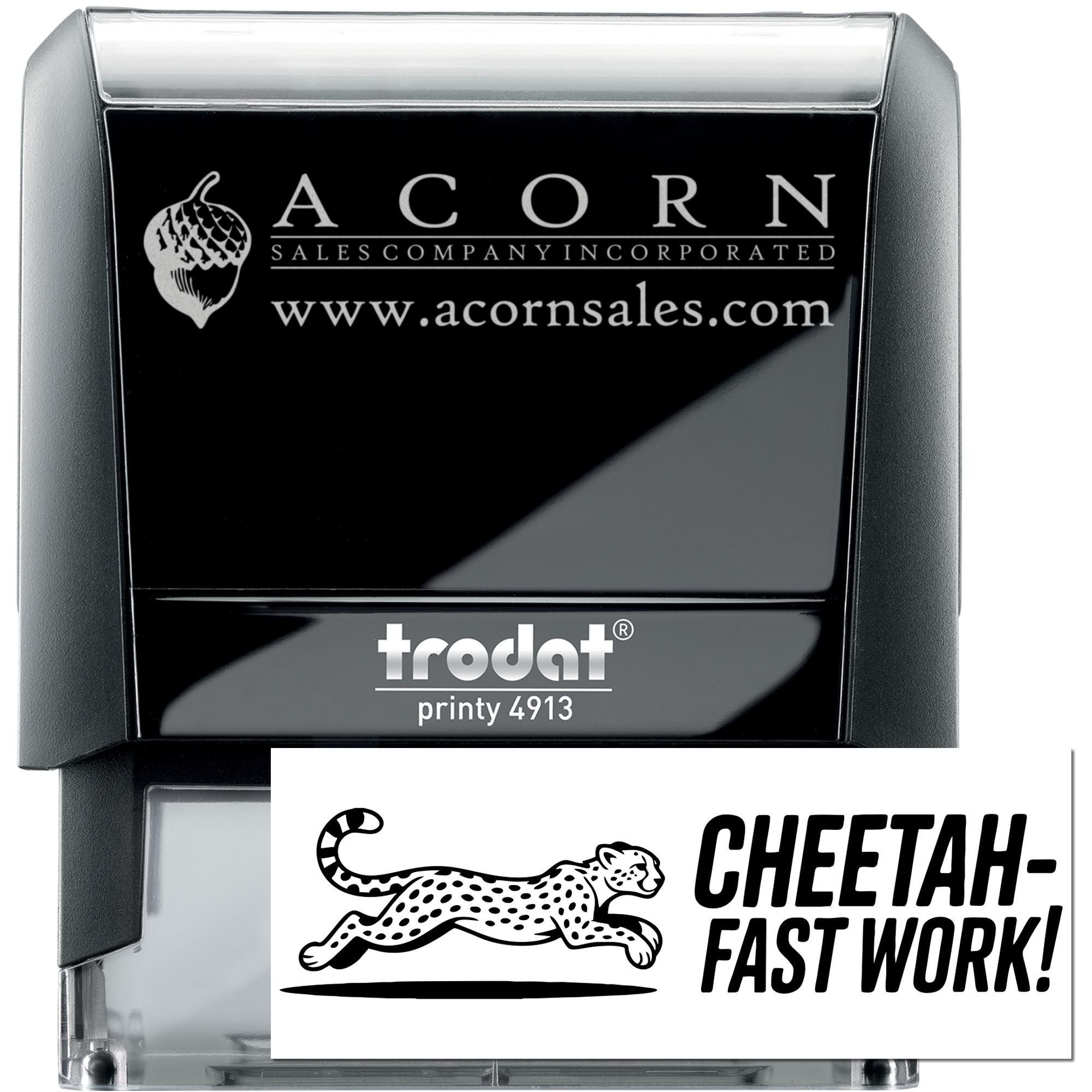 Custom self-inking rubber stamp, Trodat Printy 4913, with business logo and website imprint.