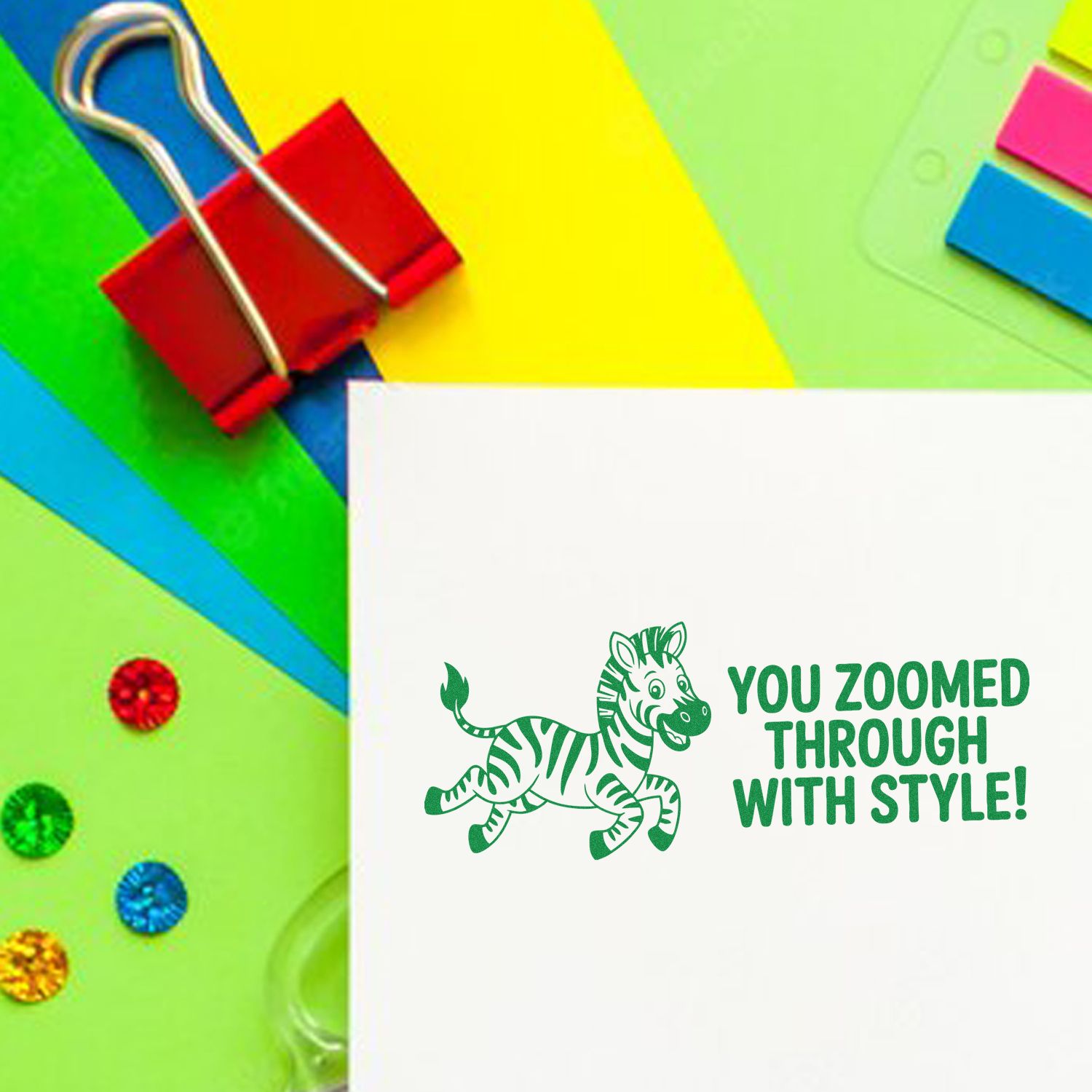 Personalized rubber stamp imprint on greeting card with zebra and You zoomed through with style! for fun paper crafting.