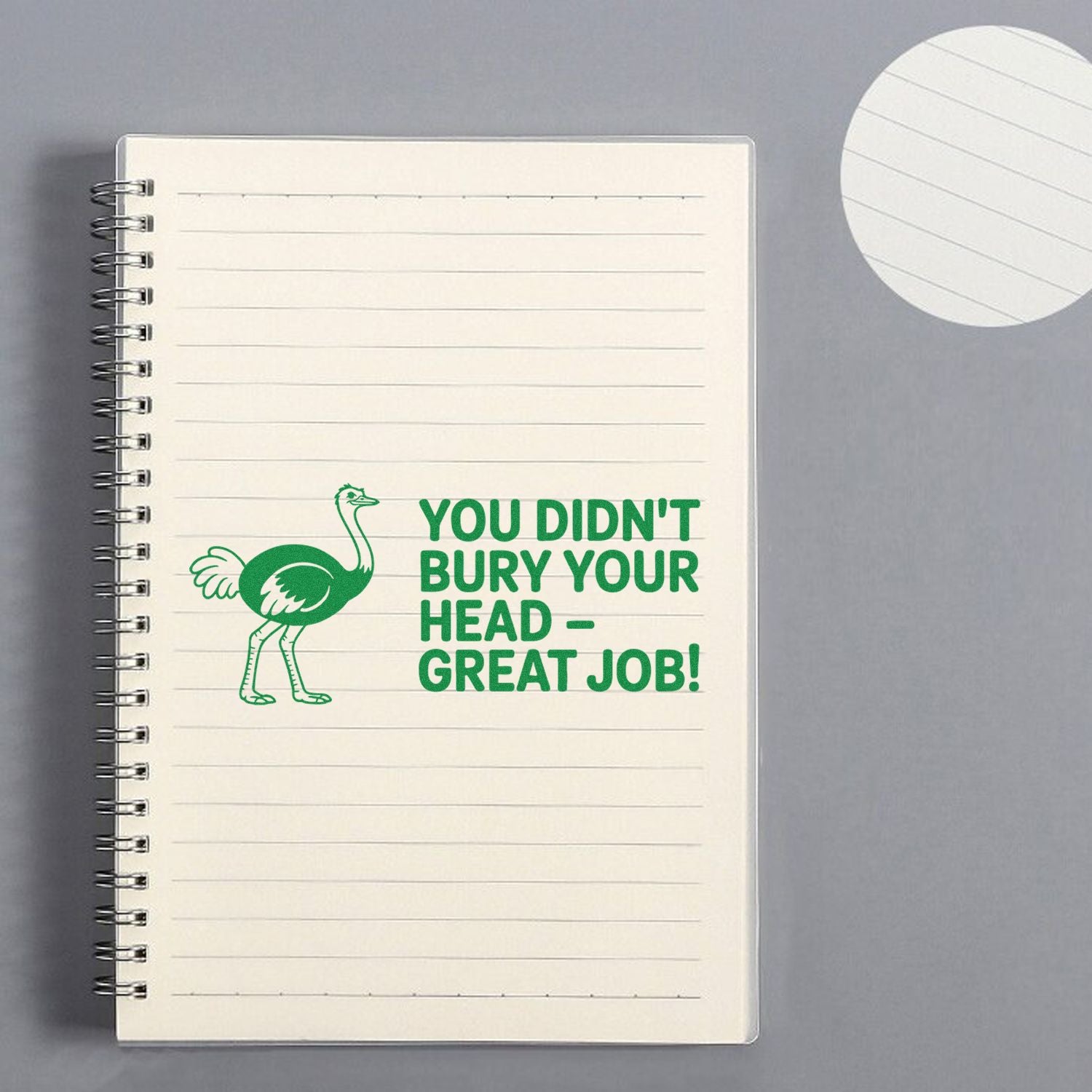 Ostrich motivational rubber stamp with You didnt bury your headgreat job! for teacher feedback, notebooks, and encouragement.