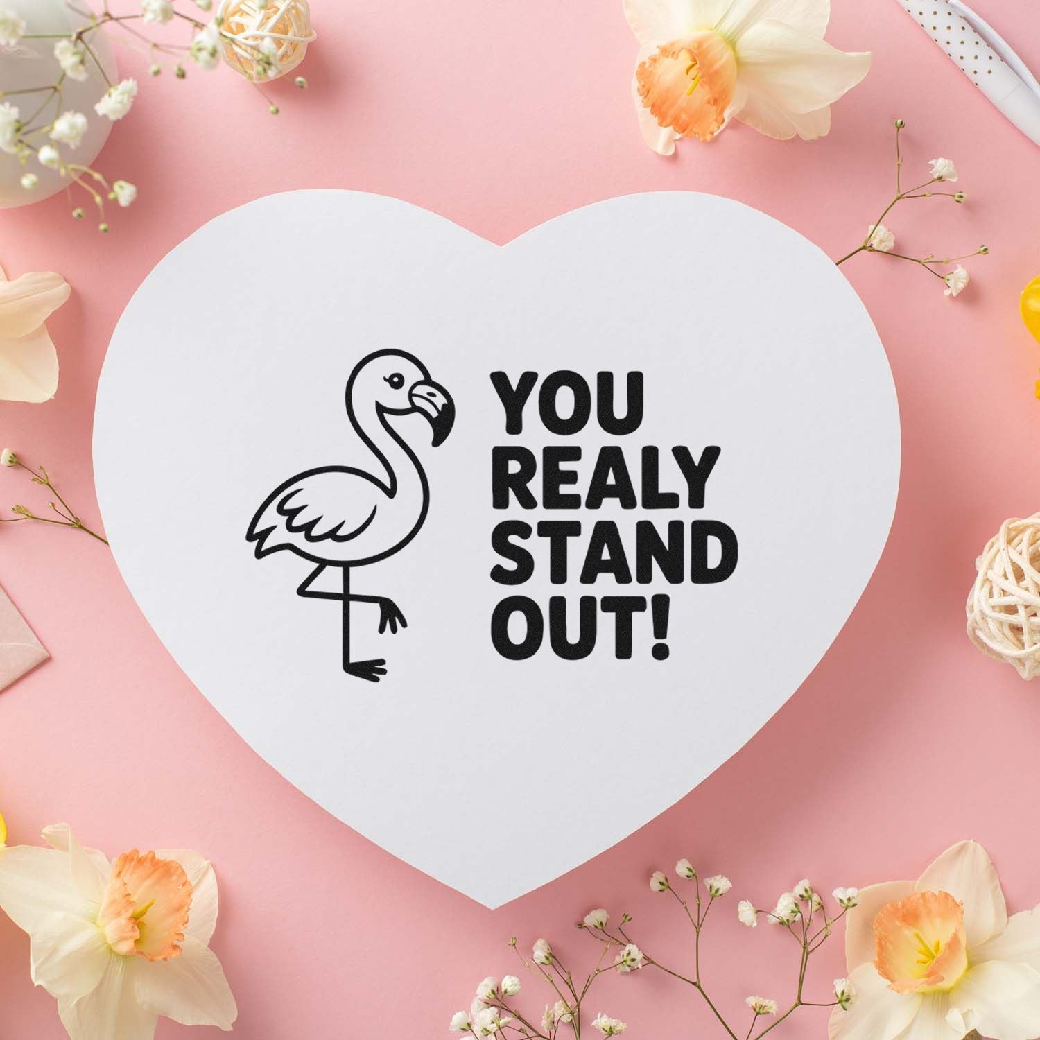 Flamingo rubber stamp with "You Really Stand Out!" sentiment for handmade cards, scrapbooking, and crafts.