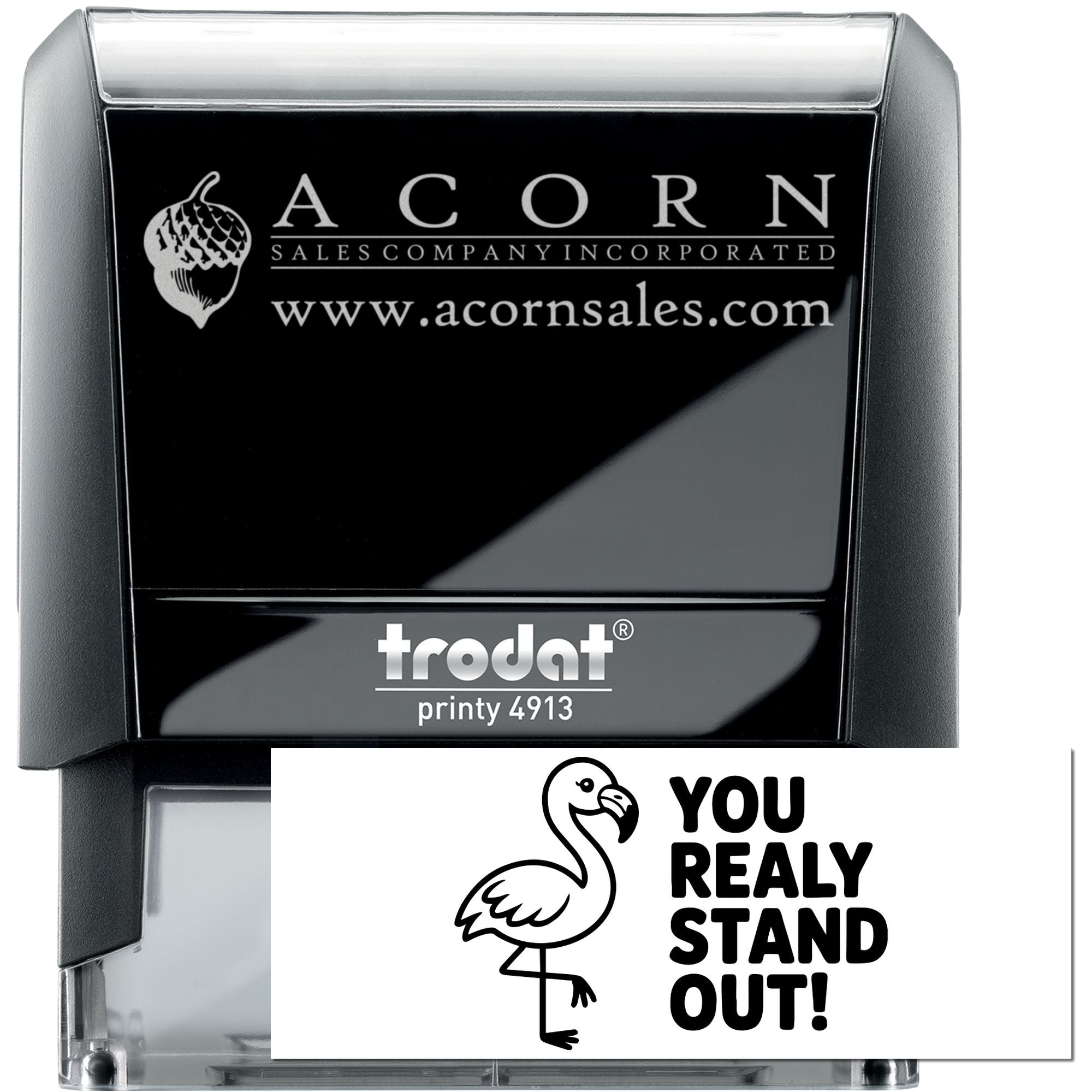 Custom self-inking Trodat Printy 4913 rubber stamp with Acorn Sales logo and website, ideal for business branding.