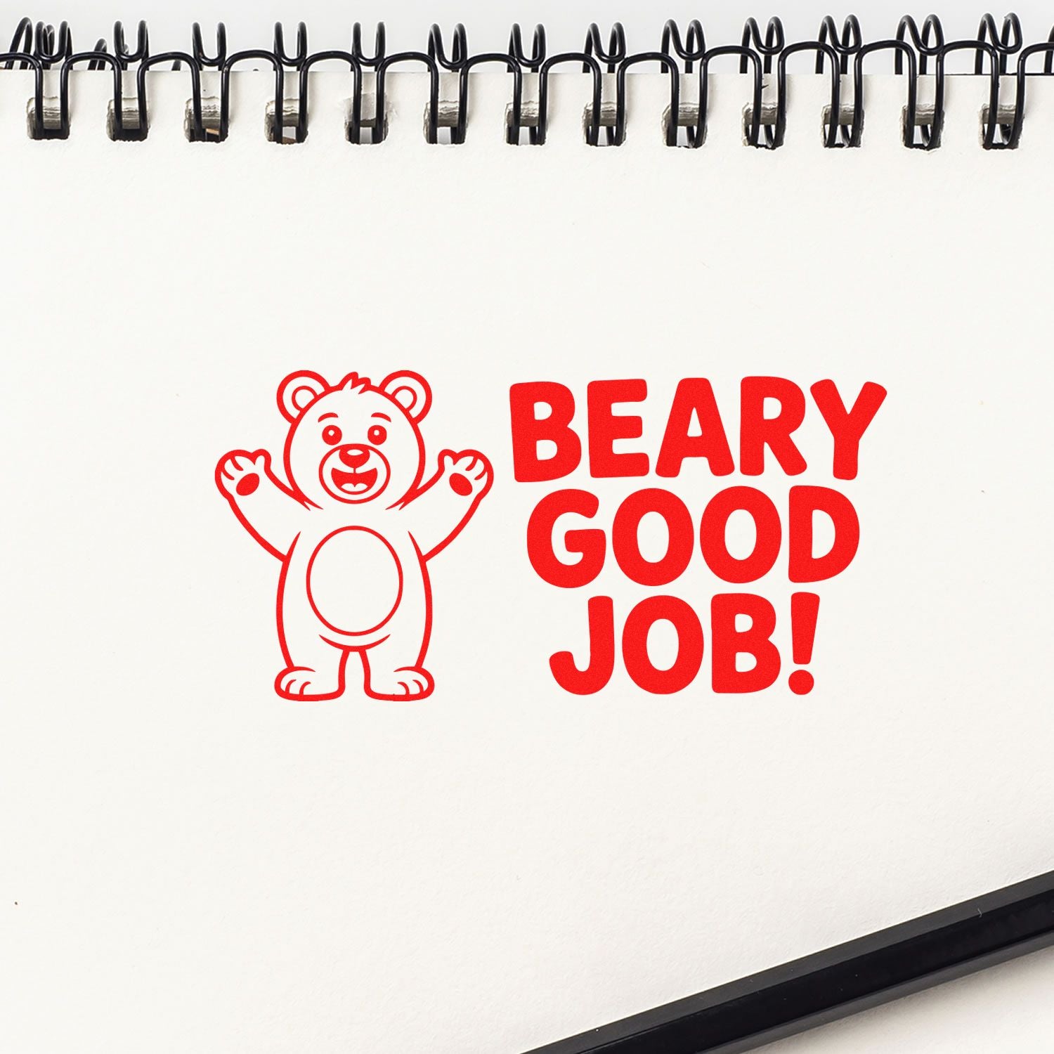 Cute bear good job rubber stamp with bold encouragement text, ideal for kids rewards and classroom use.
